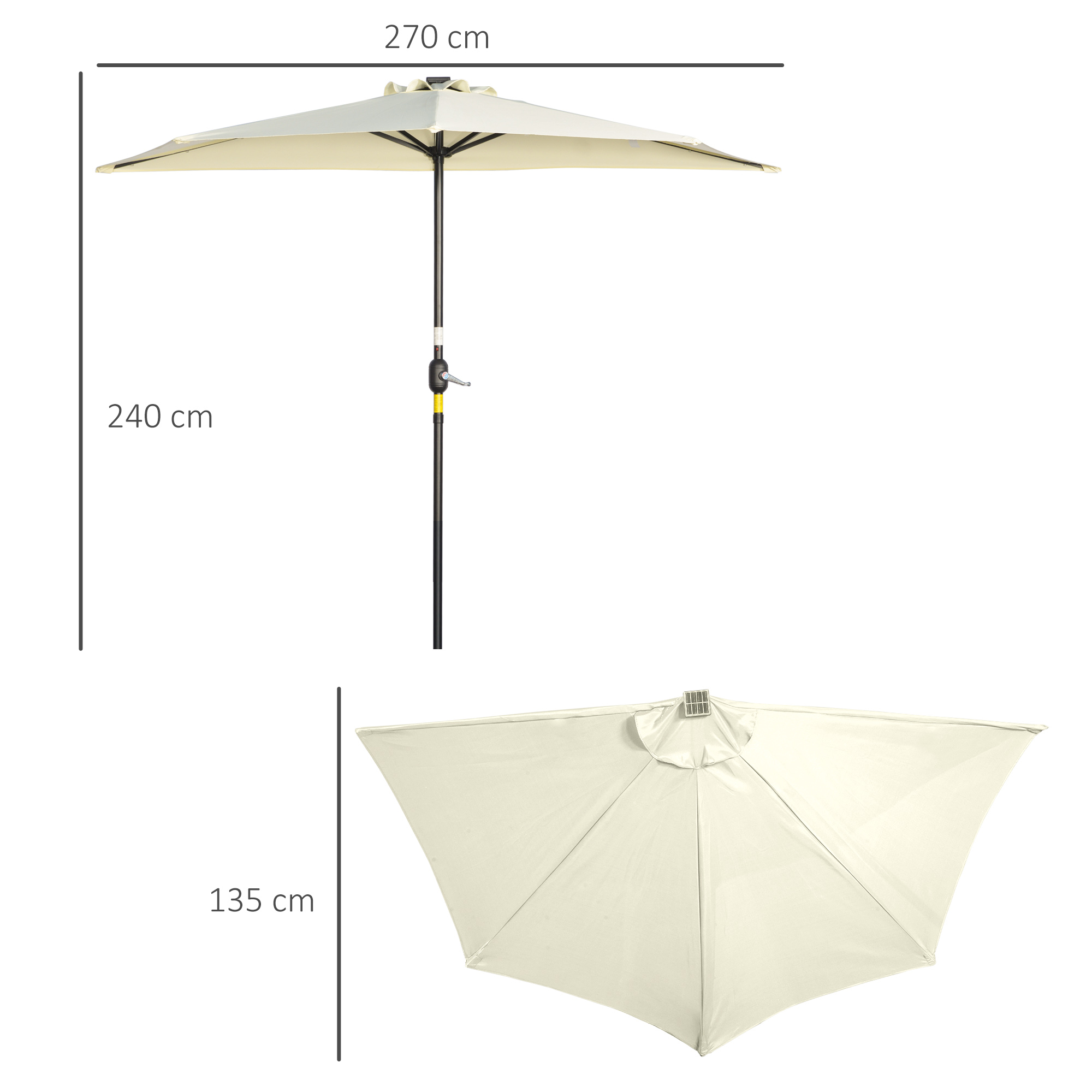 Sonnenschirm, Terrassenschirm, halbrund, mit Solarpaneel, 20 LEDs, Handkurbel, beige, 2,70 x 1,35 x 2,40 m