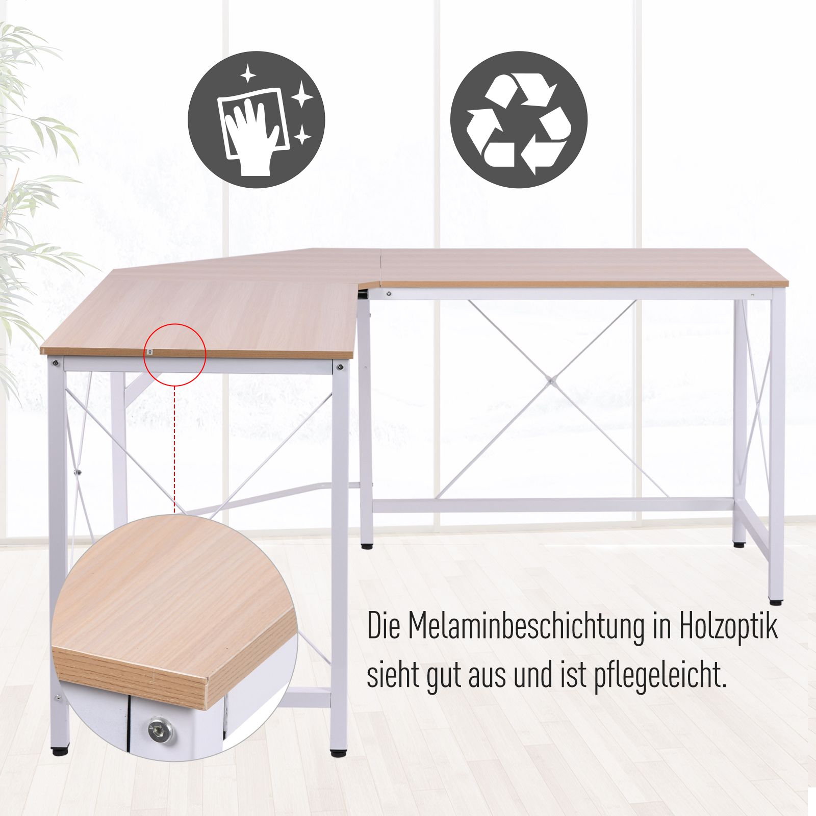Computertisch Schreibtisch L-Form Arbeitstisch Bürotisch Eckschreibtisch Winkelschreibtisch MDF Natur 150 x 150 x 76 cm