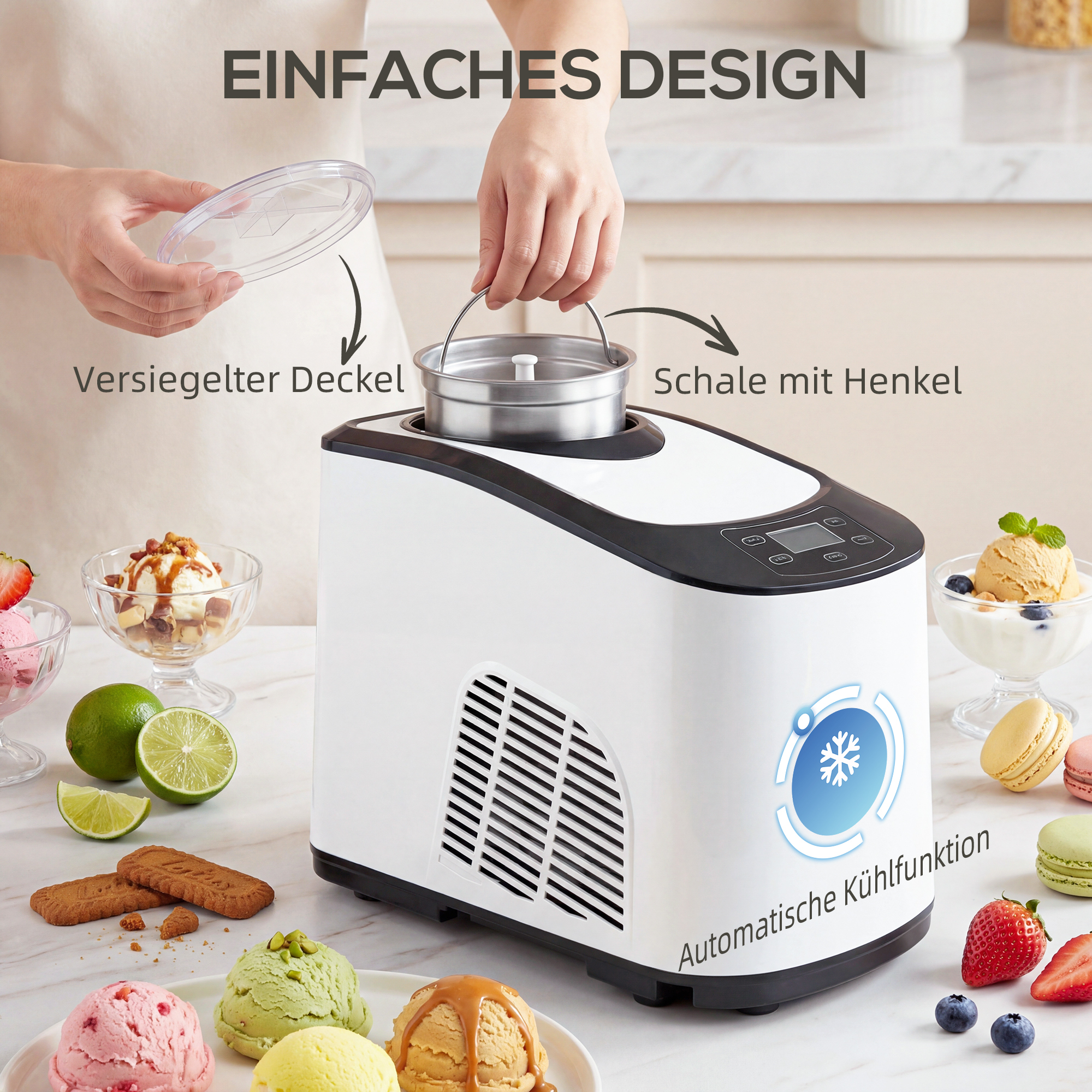 Eismaschine ohne vorfrieren mit eingebautem Kompressor, 1,5L, Weiß