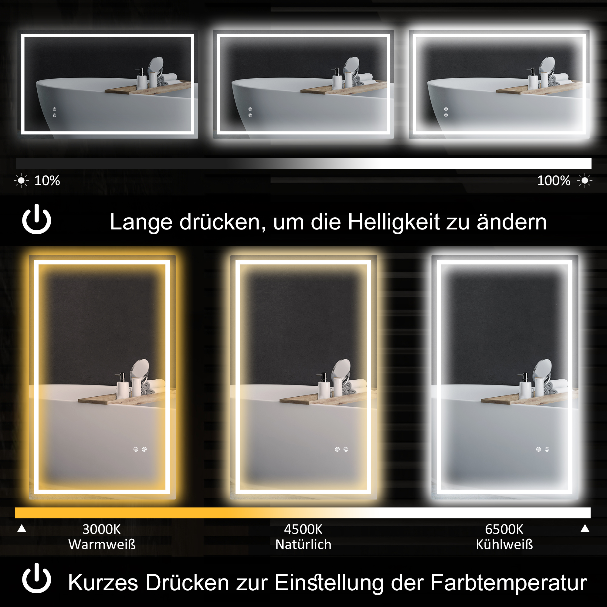 LED-Badezimmerspiegel, einstellbare Helligkeit, Antibeschlag-Funktion, wasserfest