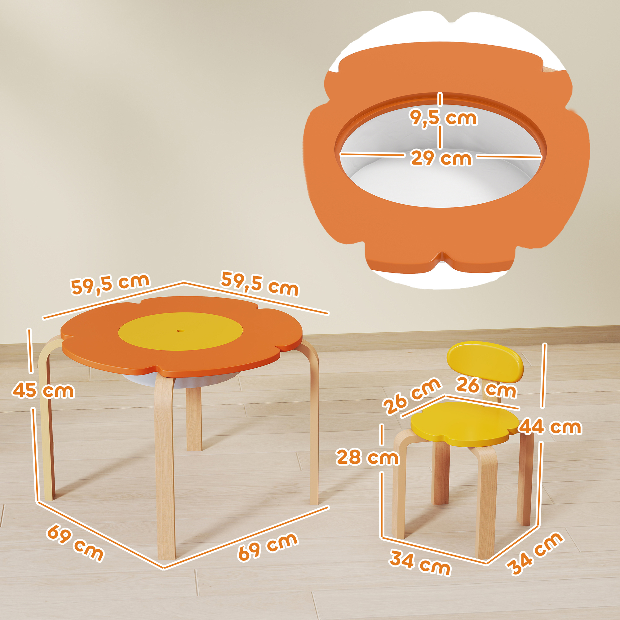 5-teiliges Kindertisch- und Stuhl-Set, mit Aufbewahrungstasche, Blumenform, für Spielzimmer, Kinderzimmer, Holz, Bunt