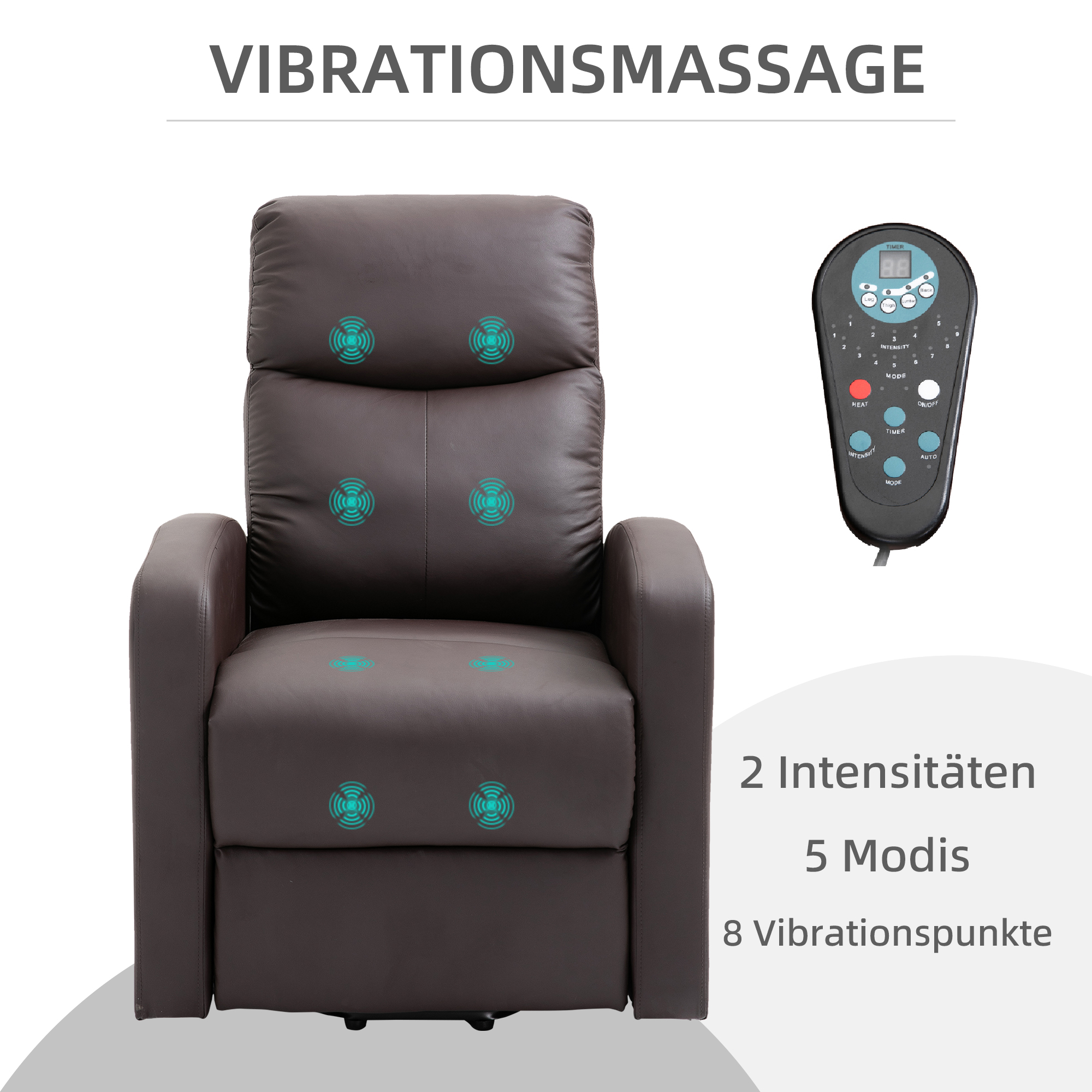 Massagesessel mit Aufstehhilfe, Relaxsessel, Liegesessel, Kopfstütze, 8 Vibrationspunkte, 2 Fernbedienungen, Braun