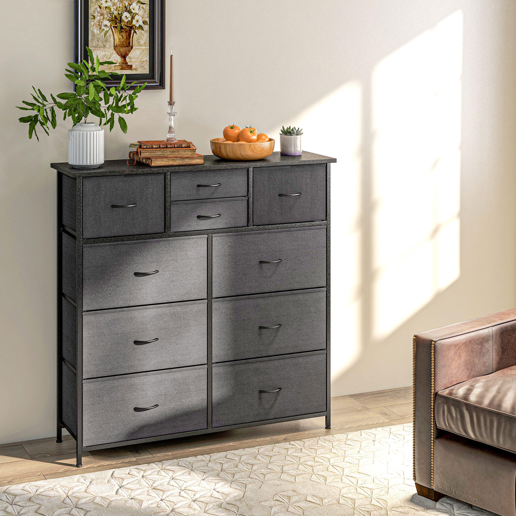 Kommode, Sideboard mit Stoffschubladen, 10 Fächer, Metallrahmen, 100x30x100cm, Schwarz