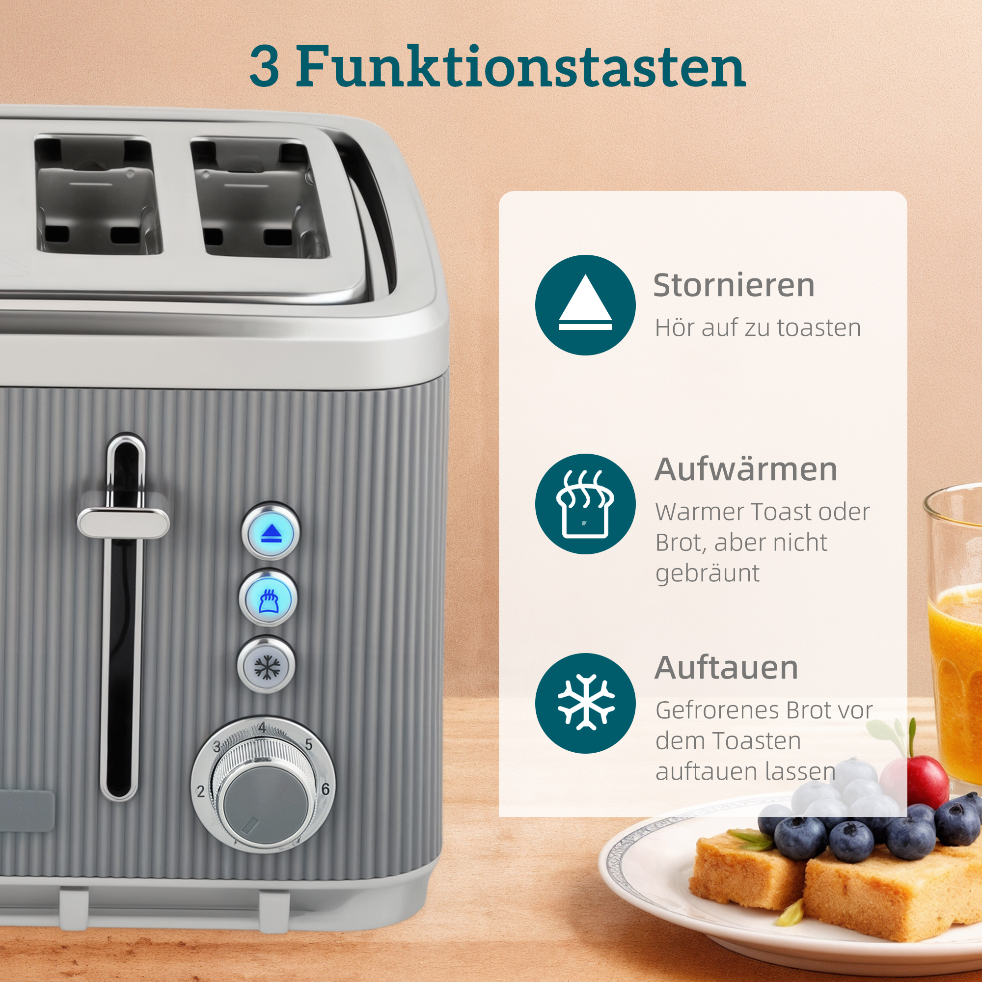 2200W, 1,7L Wasserkocher mit Schnellkochfunktion, Entkalkungsfilter und 4-Scheiben-Toaster mit 7 Bräunungsstufen, Grau