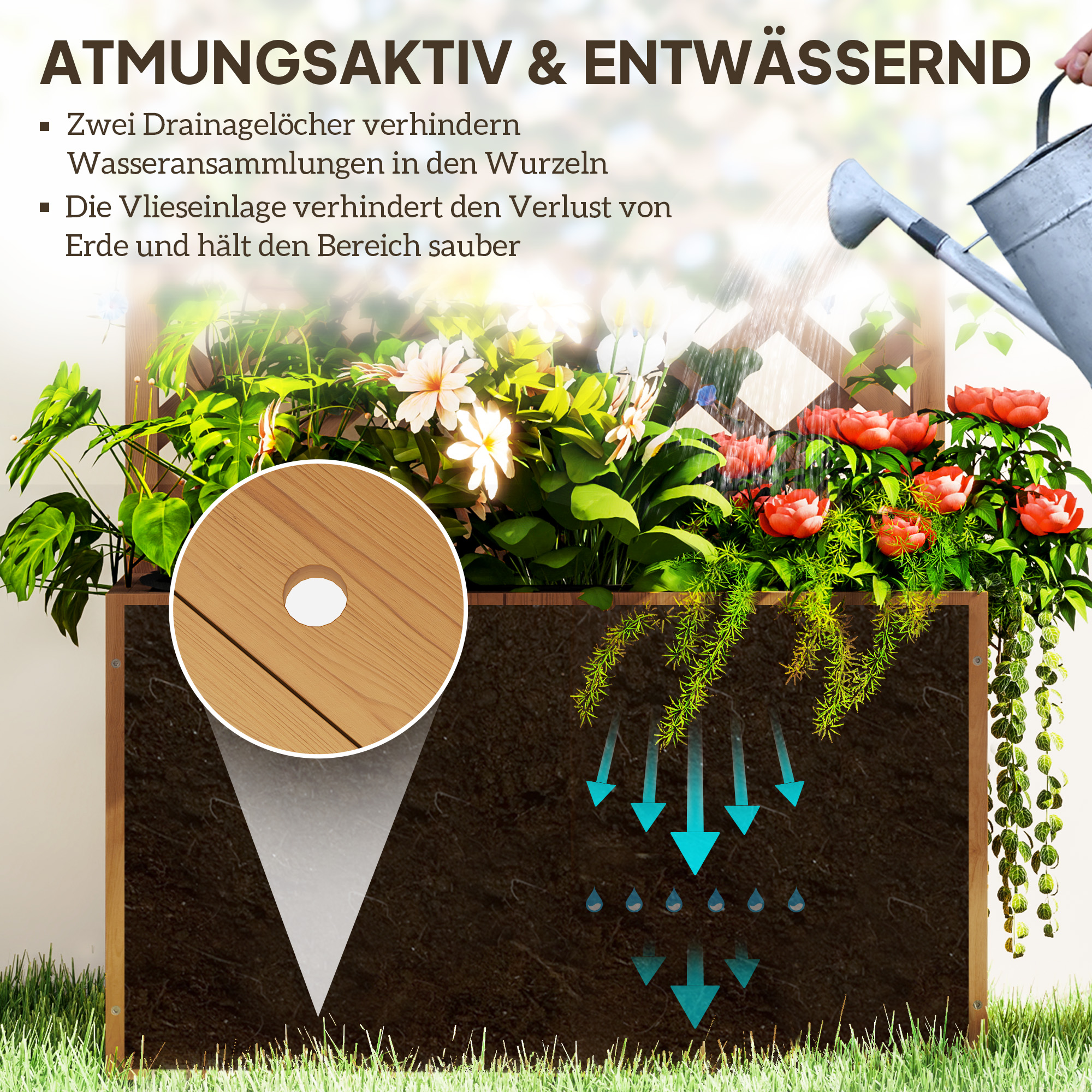 Hochbeet Pflanzkasten mit Rankgitter, Spalier Pflanzkübel Blumenkasten Holz, Gartenspalier 64 x 33 x 122cm Naturholz