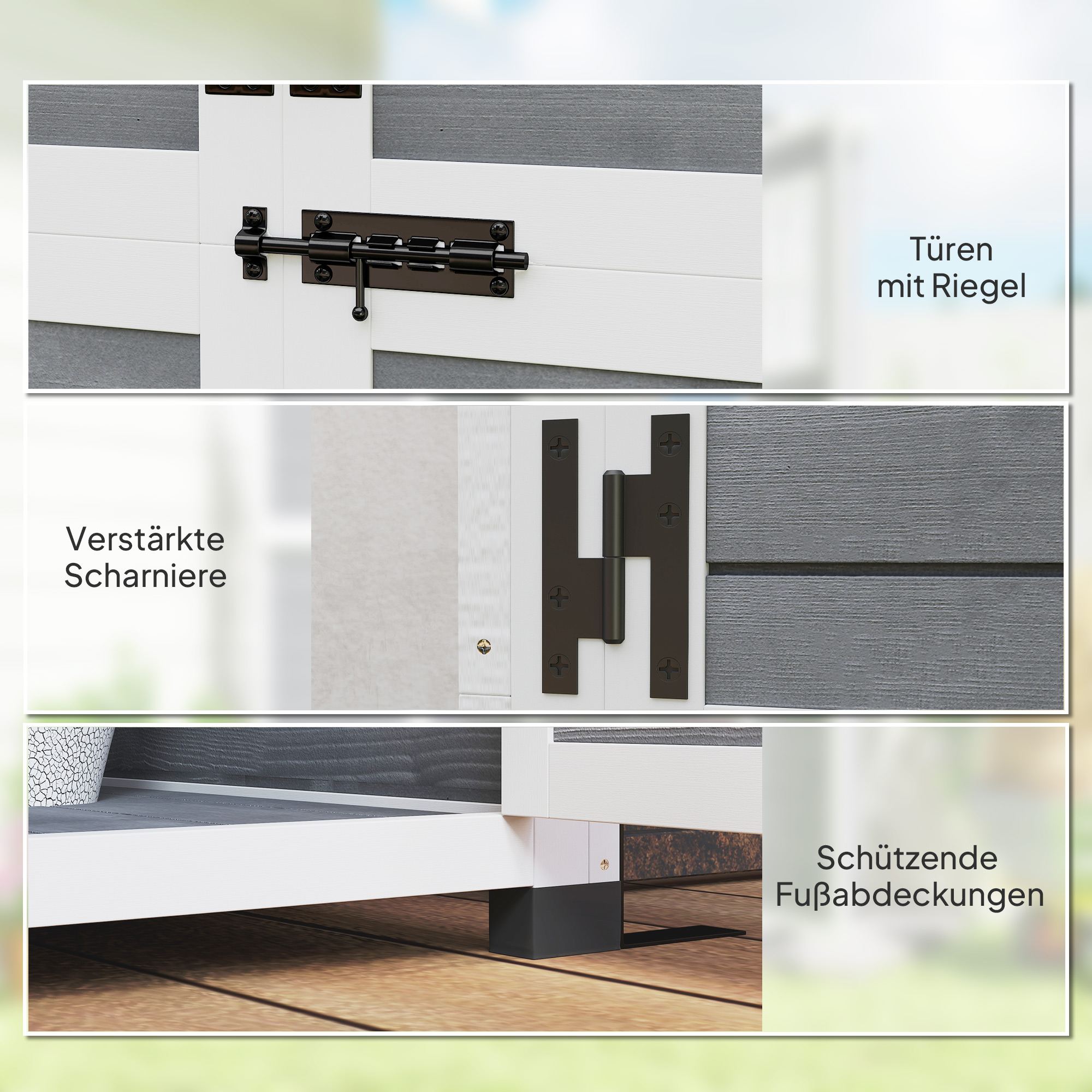 Gartenlagerschuppen, Werkzeugschuppen mit 2 Fenstern, Bodenpfähle, Asphalt-Dach, 91 x 69 x 192 cm, Tannenholz, Hellgrau