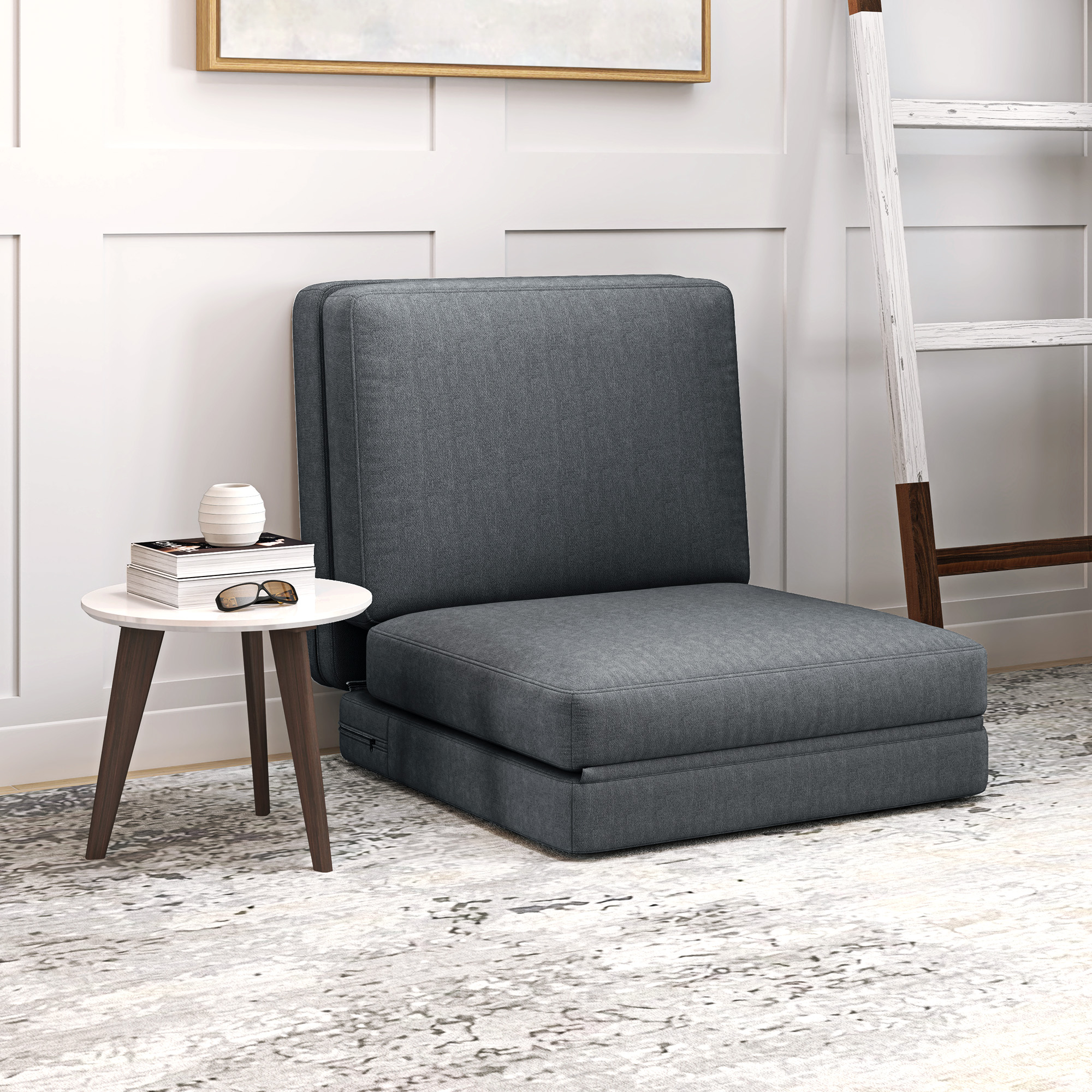 Faltbarer Bodensessel mit Kissen, wandelbares Polstersofa, Wohnzimmer, Gästezimmer, Büro, 75 x 268 x 18 cm, Dunkelgrau