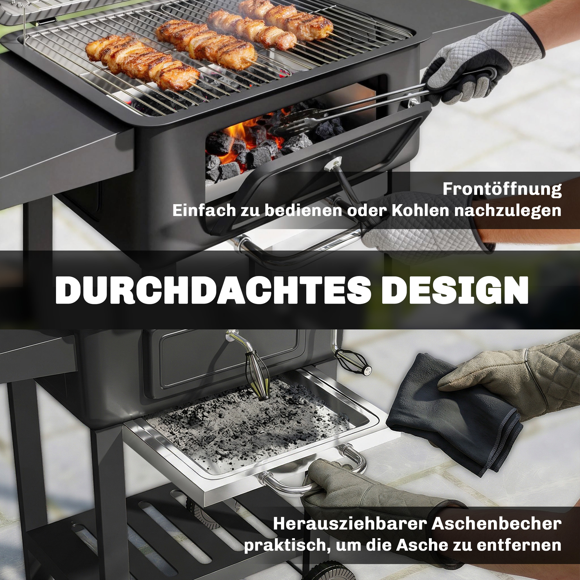 Holzkohlegrill BBQ Smoker mit Deckel Thermometer höhenverstellbar Kohlepfanne Grillrost Seitentisch Aschefach