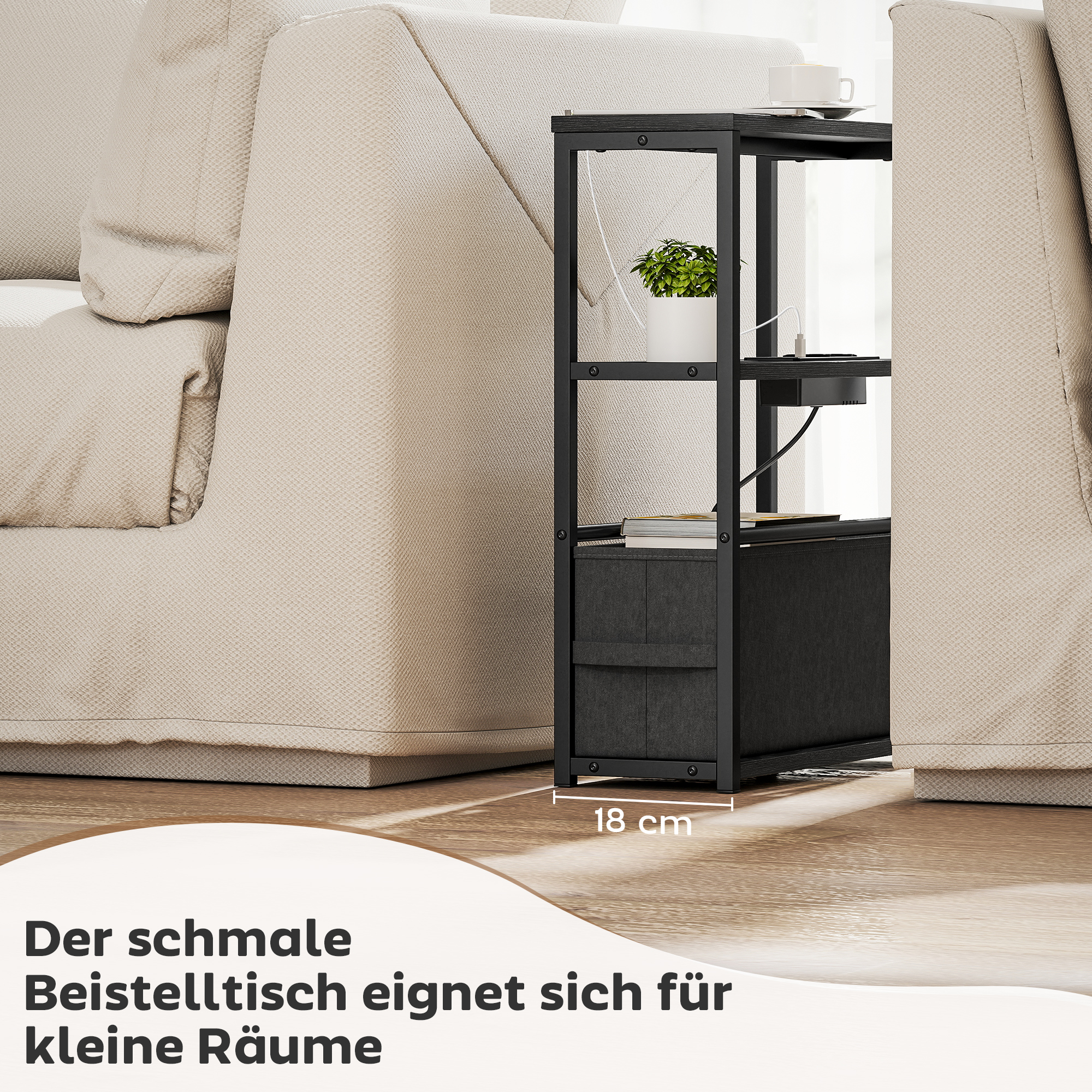 Beistelltisch Sofatisch mit Steckdosenleiste, Ablage, für Kleine Räume, 45x18x60,2cm, Schwarz