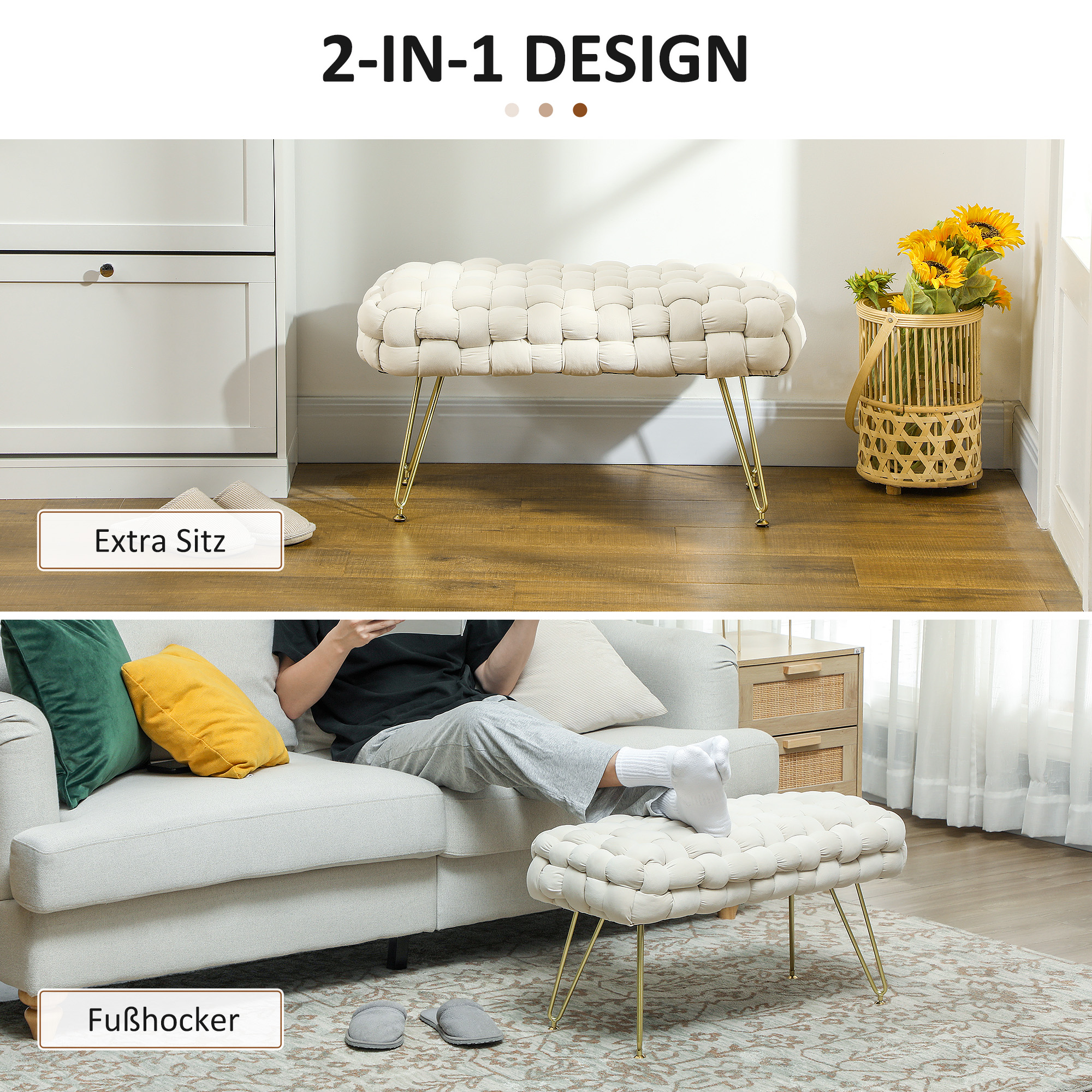 Moderner Sitzhocker mit Metallbeinen, gepolstertem Sitz, für Wohnzimmer, Schlafzimmer, Flur, Cremeweiß