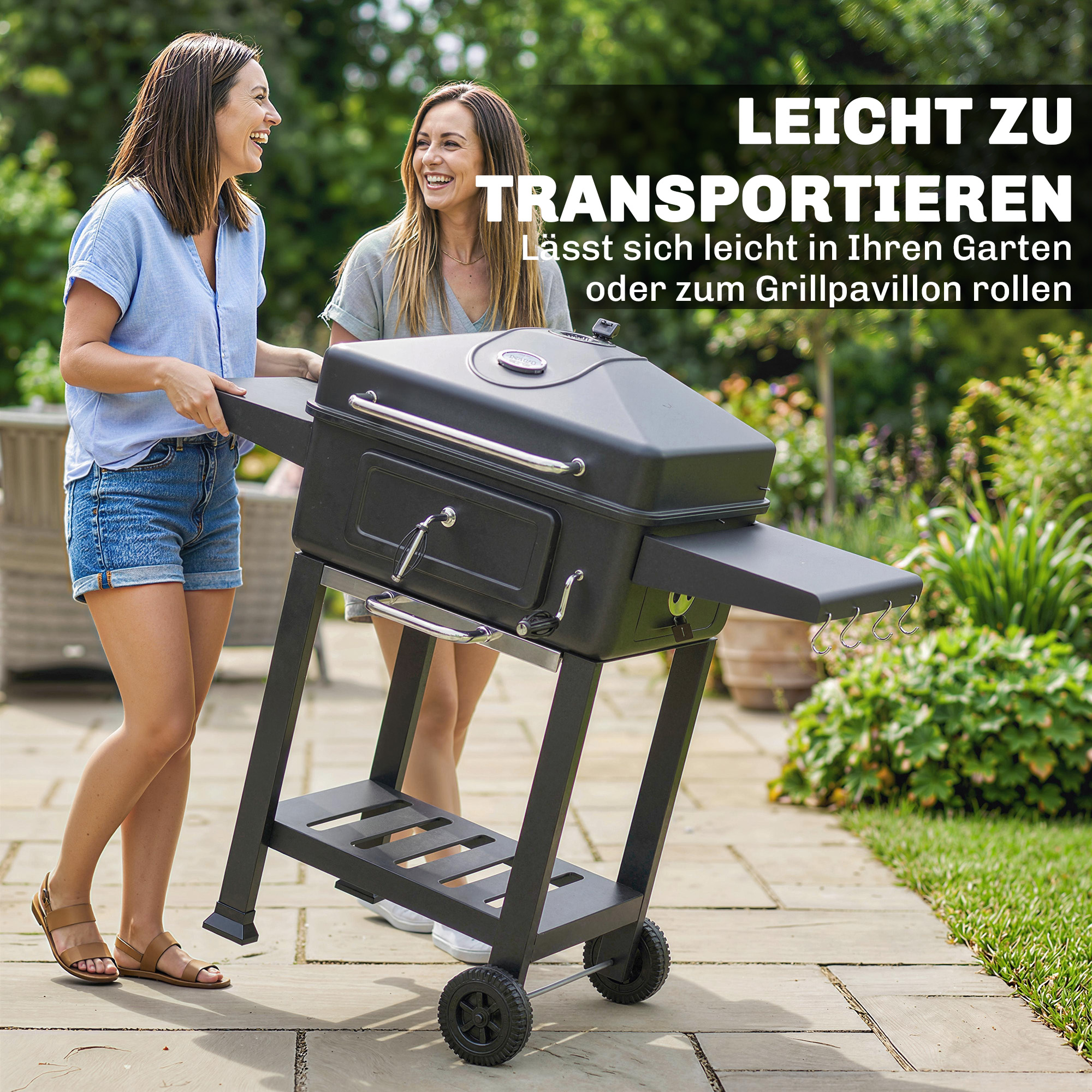 Holzkohlegrill BBQ Smoker mit Deckel Thermometer höhenverstellbar Kohlepfanne Grillrost Seitentisch Aschefach