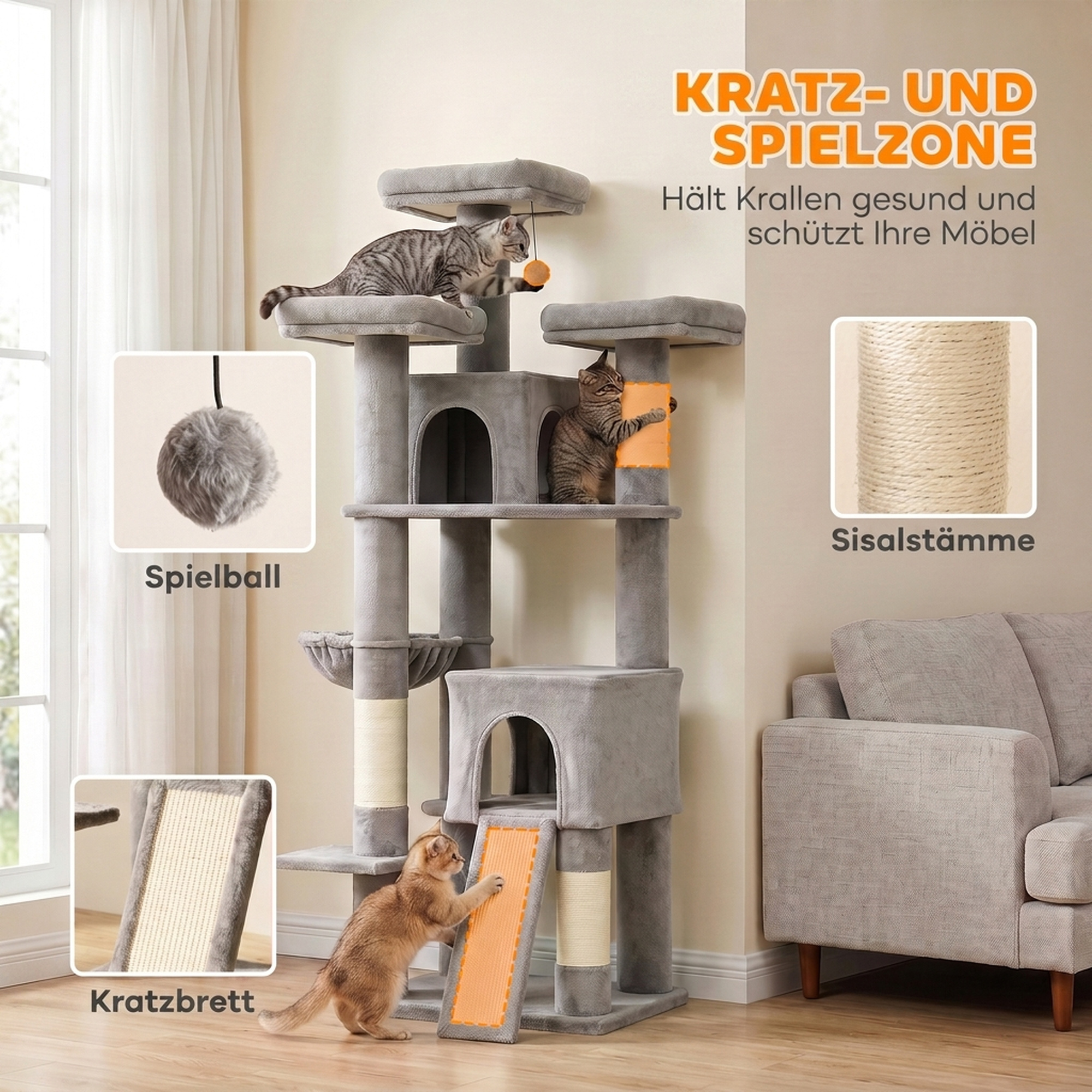 Kratzbaum Groß 184 cm hoch Katzenbaum mit 3 Kratzstämmen Liegeflächen Spielball Hängematte Leiter, Katzen unter 6 kg