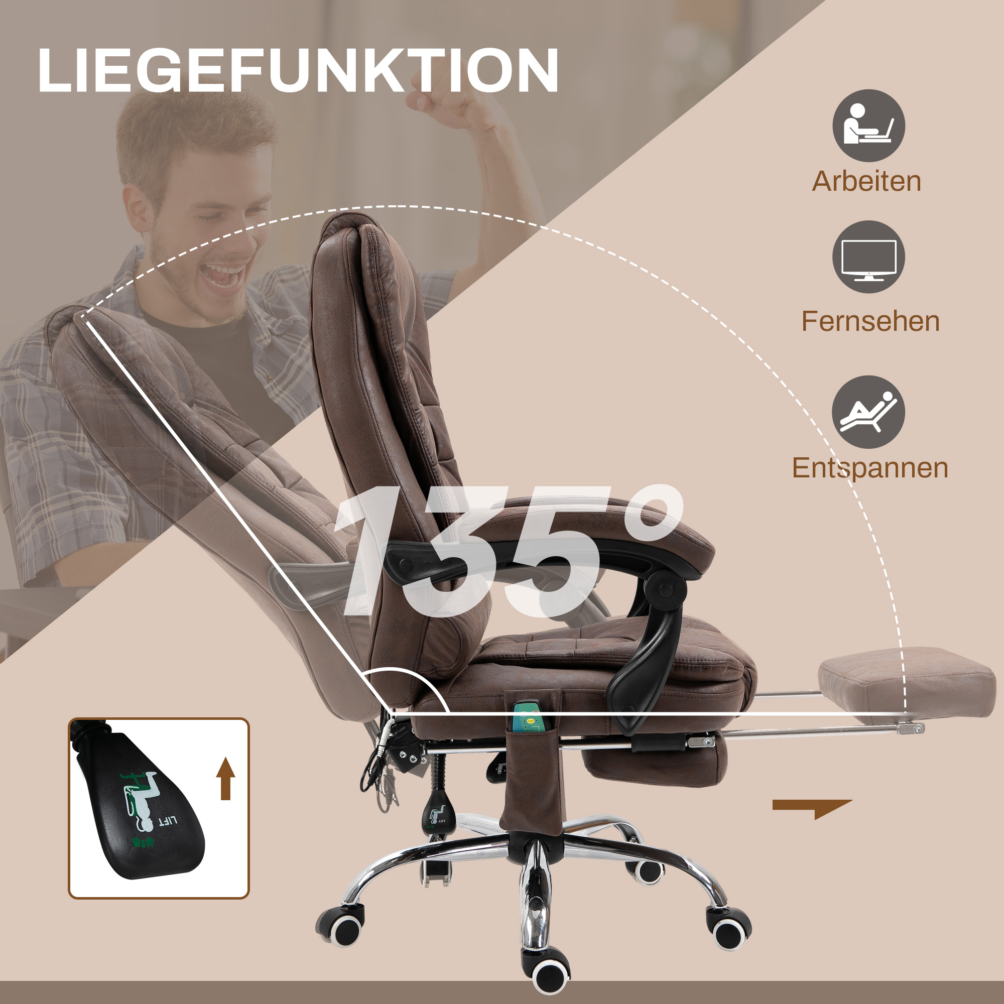 Massage-Bürostuhl, Liege- & Wärmefunktion, drehbar, ergonomisch, bis 120 kg, Braun