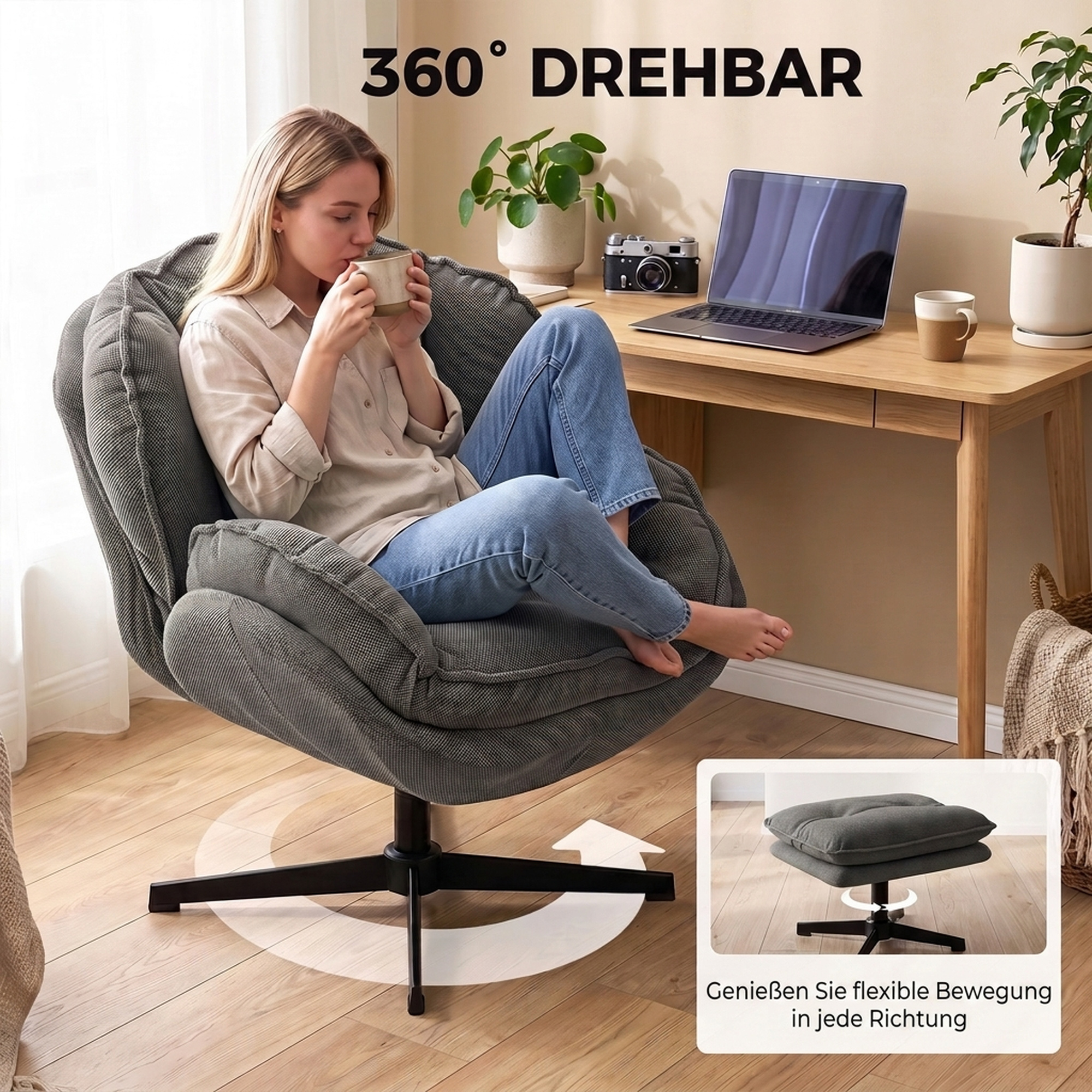 Sessel mit verstellbarem Fußhocker, 360° drehbar, Chenille-Bezug, dicke Polsterung, Grau