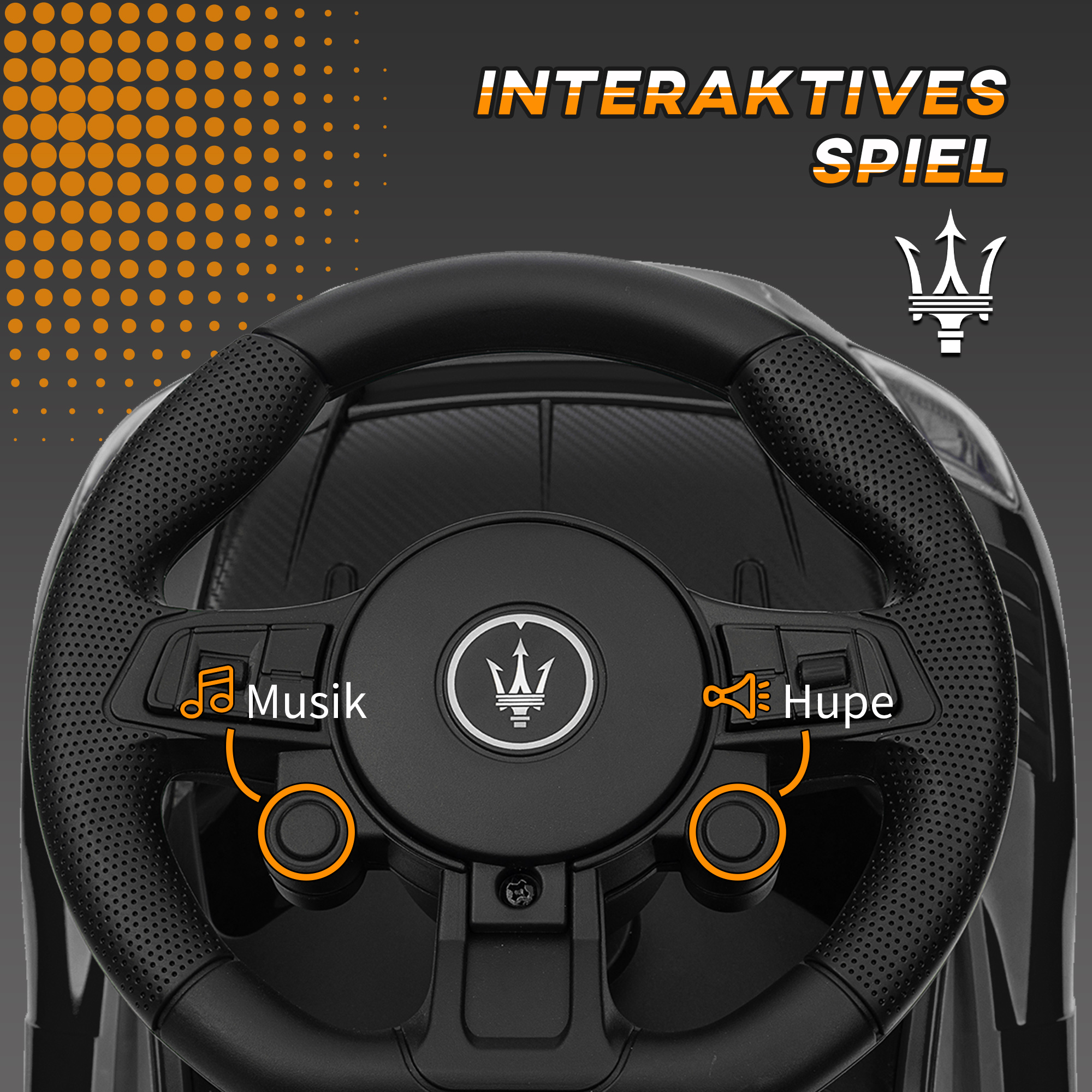 Rutschauto, Maserati, Stauraum, Hupe & Musik, Flüsterreifen, für 1,5 bis 5 Jahre, bis 25 kg, Schwarz