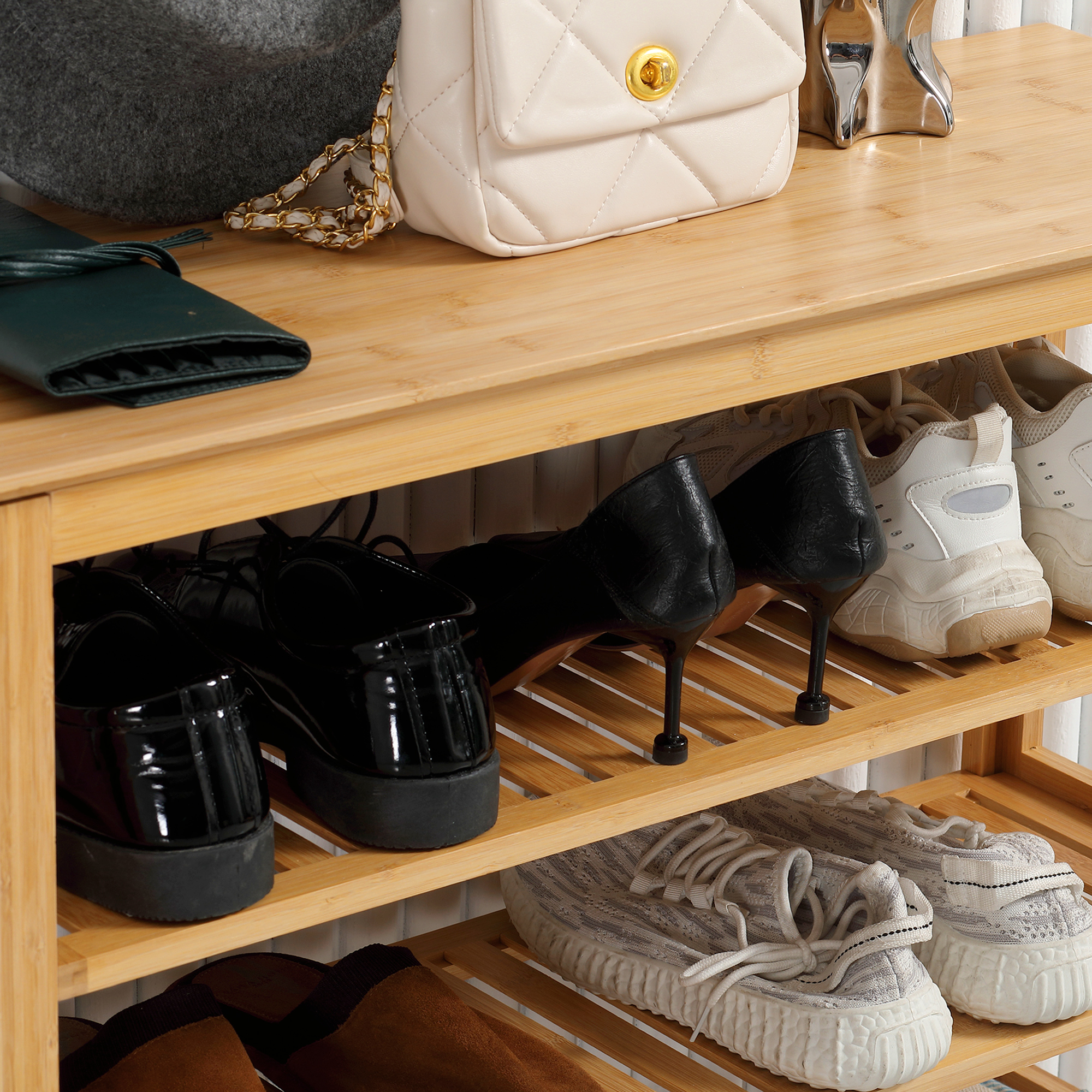 Schuhregal mit 4 Regalen, Bambus, Lamellen, bis Größe EU 45, Natur