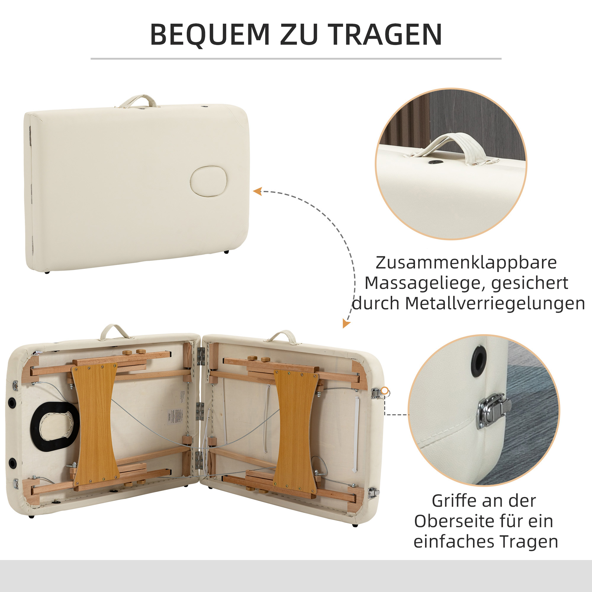 Massagetisch, klappbare Massageliege, höhenverstellbare Massagebank für Spa, Salon, Kunstleder, Holz, Cremeweiß