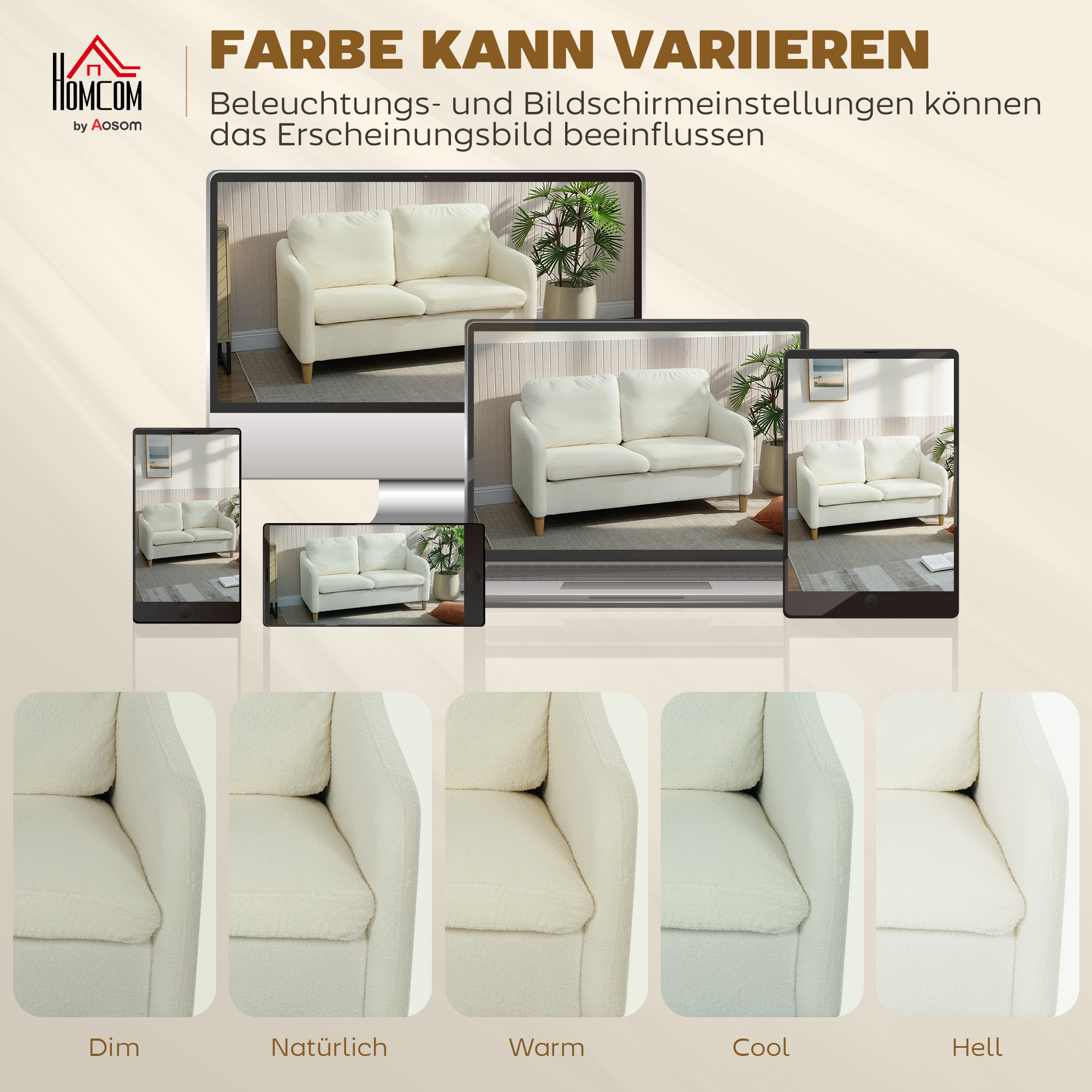 Sofa 2 Sitzer kleine Couch mit Sherpa-Fleece-Optik 137 cm für Wohnzimmer Cremeweiß