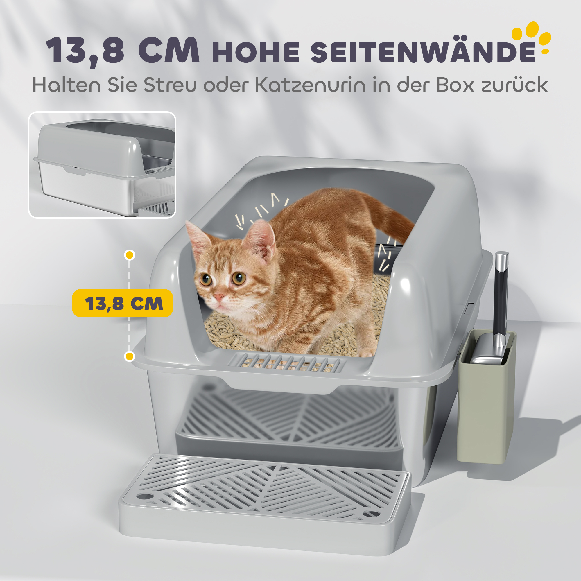 Katzentoilette, Katzenklo, Edelstahl, hohe Wände, Aufbewahrungsbox, Hellgrau