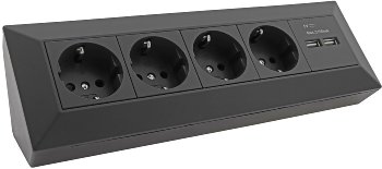 4-fach Steckdosenblock + 2x USB, schwarz / 250V~/ 16A, Aufbaumontage, USB 3,1A