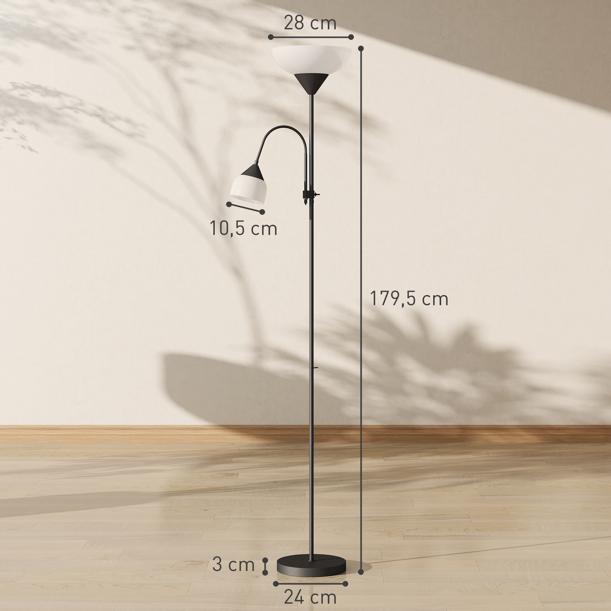 Uplighter, Mutter-und-Kind-Stehlampe, hohe Lampe mit 3 Farbtemperaturen und flexiblem Schwanenhals, Schwarz