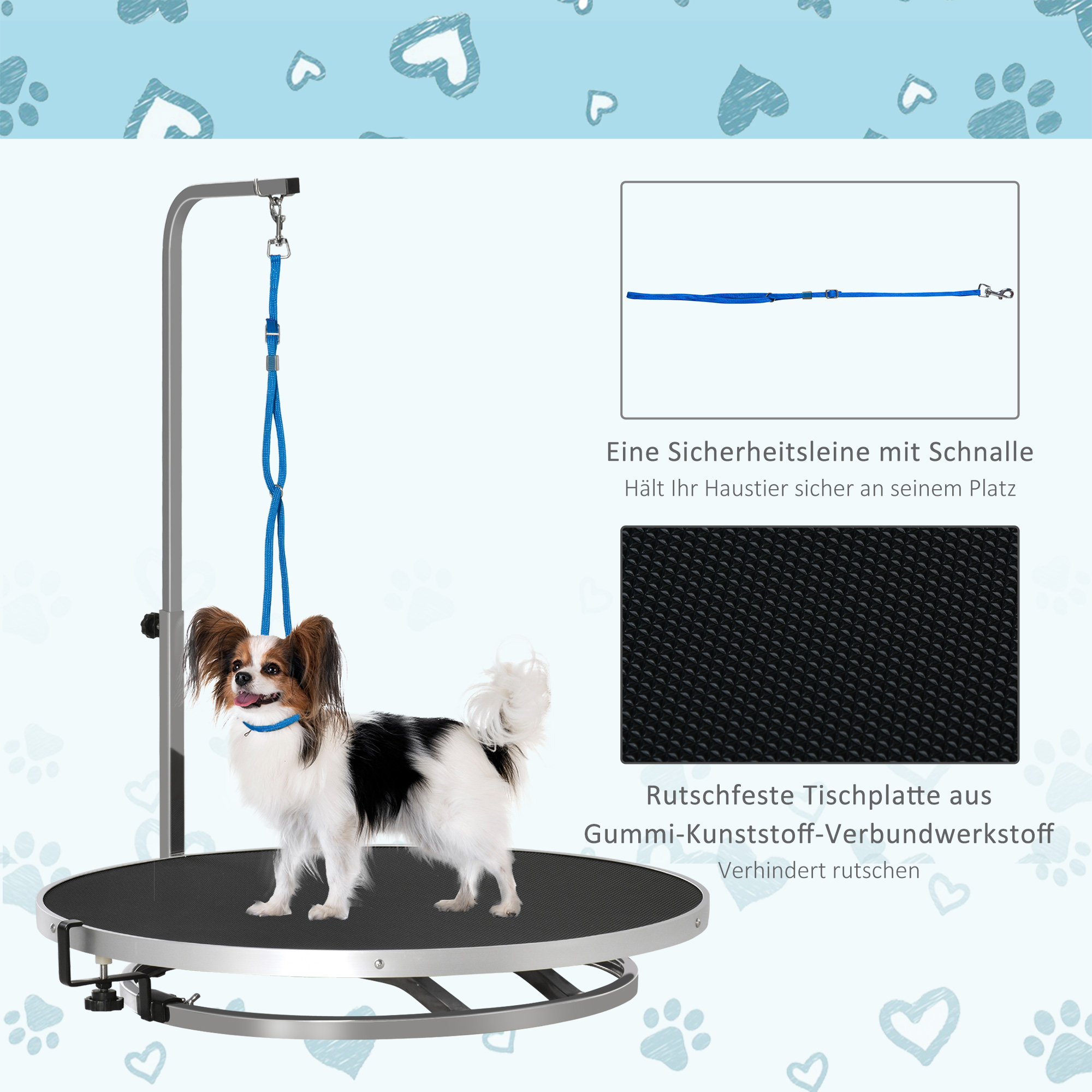 Trimmtisch für Hunde drehbar Hundepflegetisch mit höhenverstellbarem Galgen Schlinge rutschfest Oberfläche Haustierpflegetisch für Haushaltsbaden Haartrocken bis 40 kg Ø65 x 72H cm Schwarz
