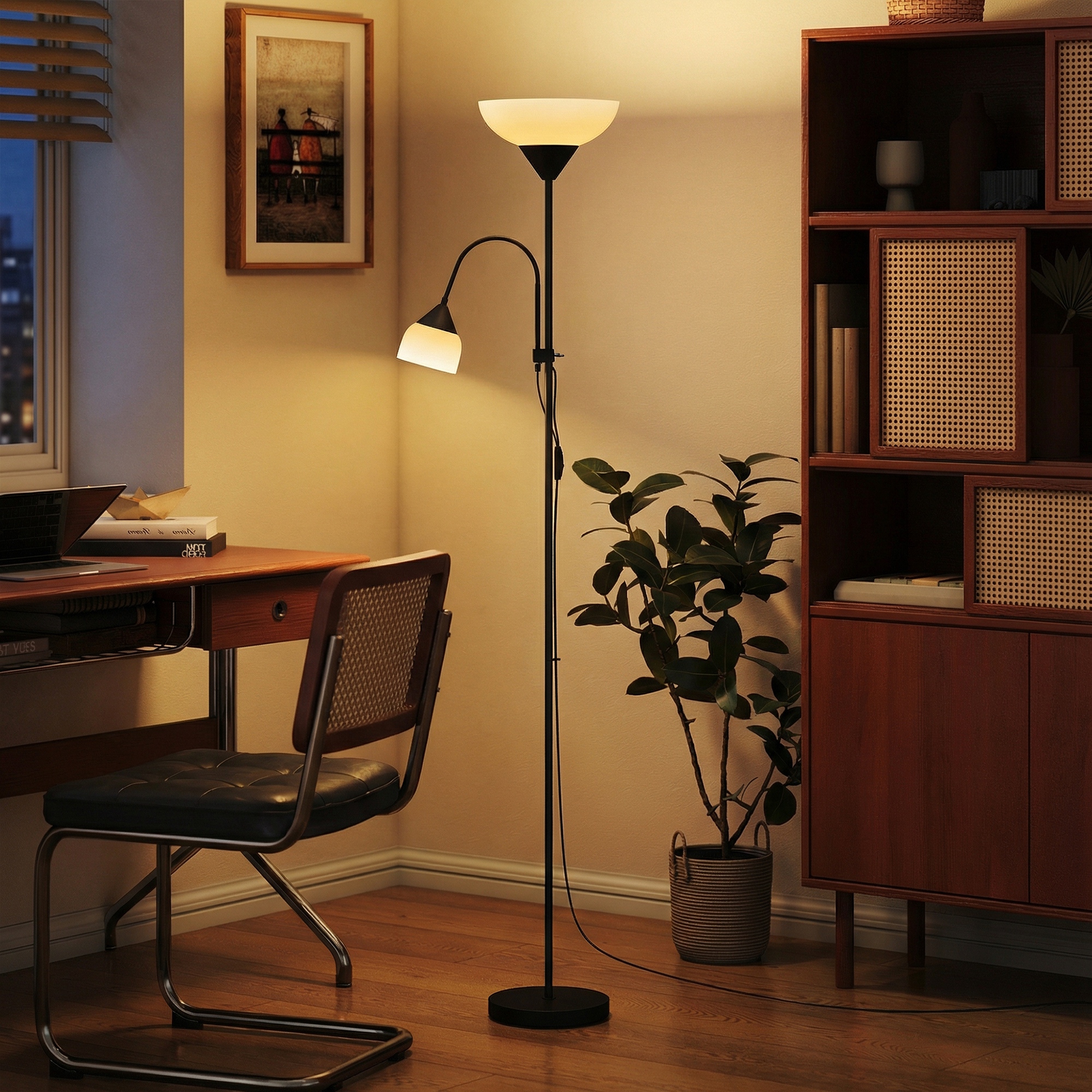 Uplighter, Mutter-und-Kind-Stehlampe, hohe Lampe mit 3 Farbtemperaturen und flexiblem Schwanenhals, Schwarz