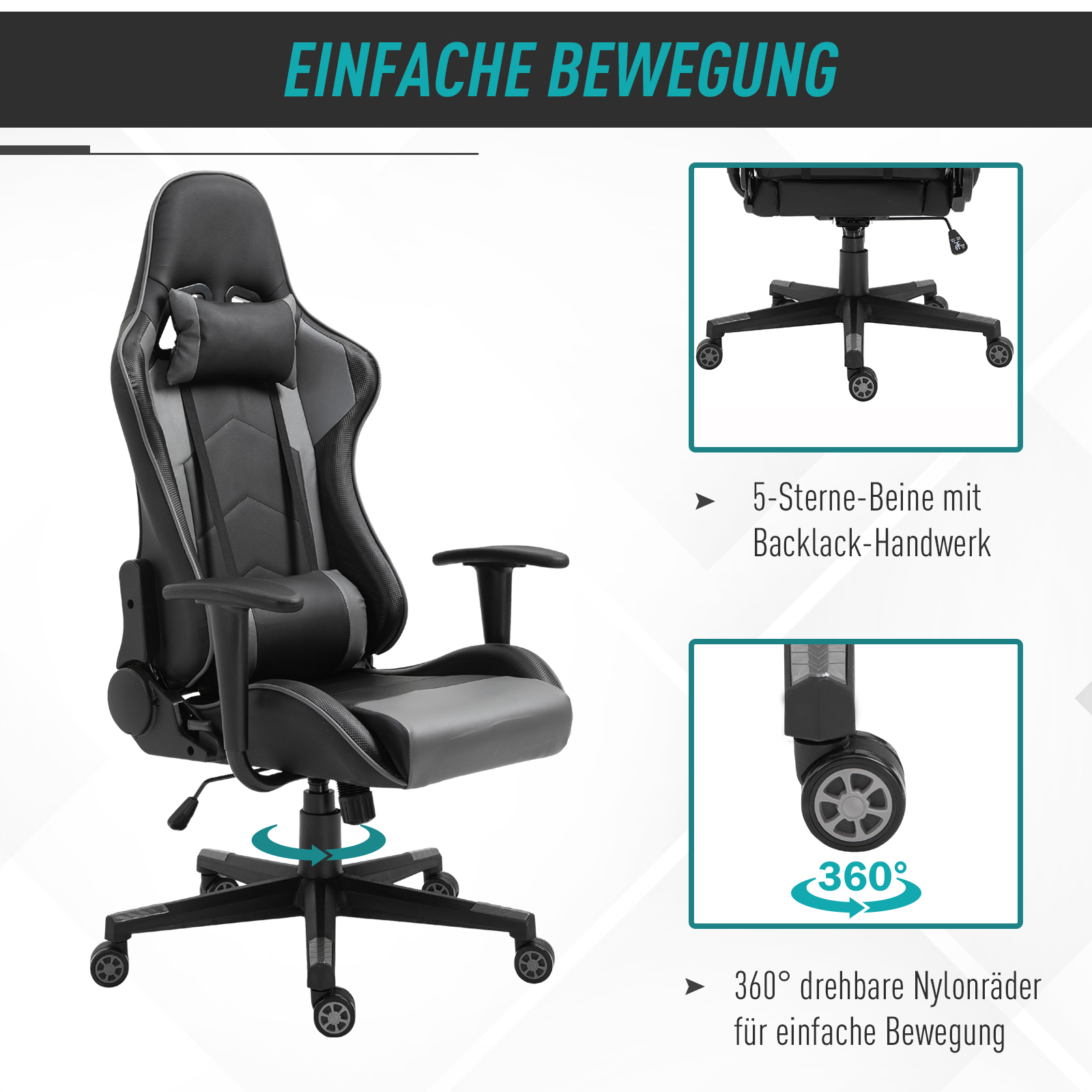 Ergonomischer Bürostuhl, Gaming Stuhl, Drehstuhl, Kunstleder, Schaumstoff, Schwarz, 67,5 x 74x 126-136 cm