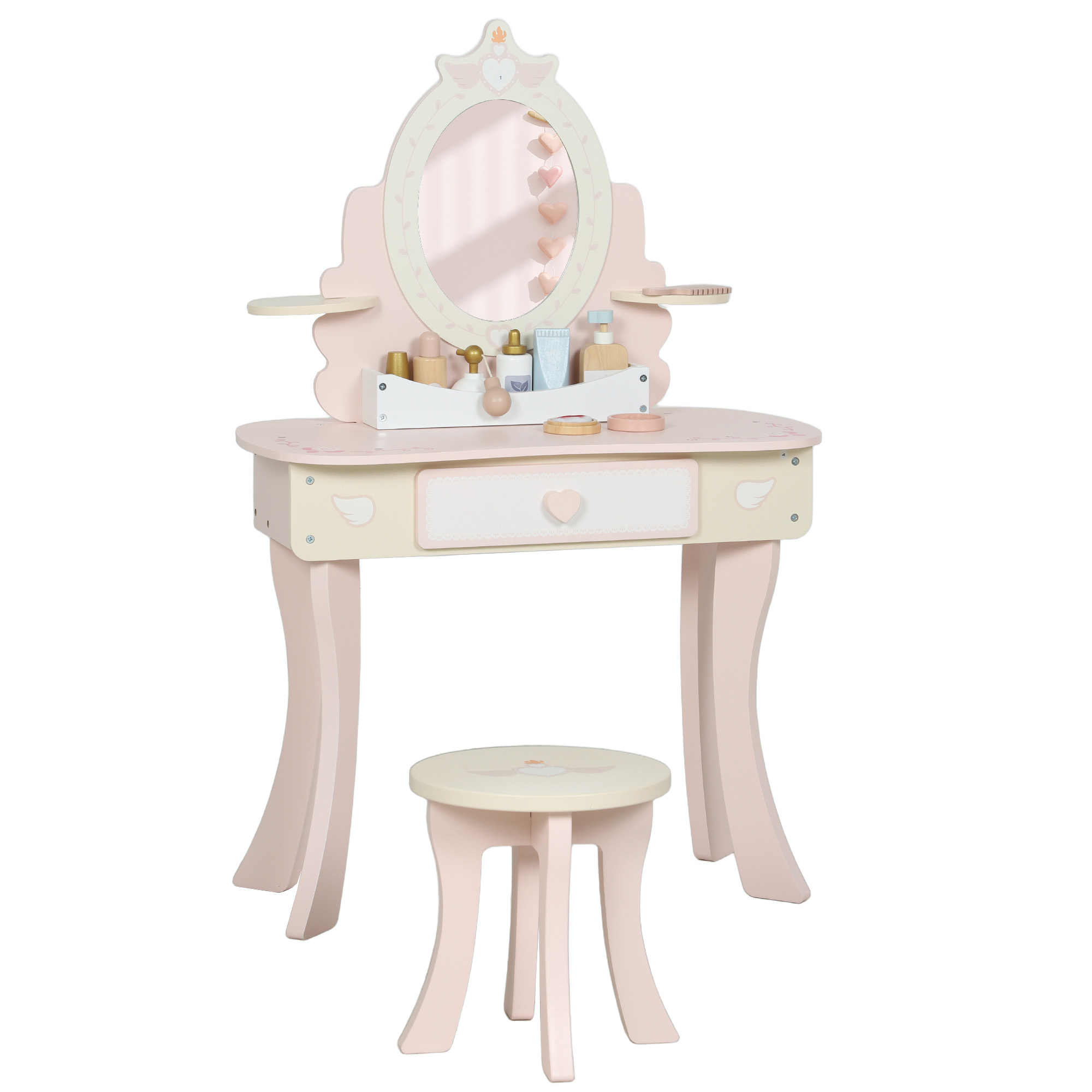 Kinderschminktisch, Stuhl, Schublade, abnehmbarer Spiegel, Kinderschreibtisch mit 7 Zubehörteilen, 2-in-1 Design, MDF, Rosa