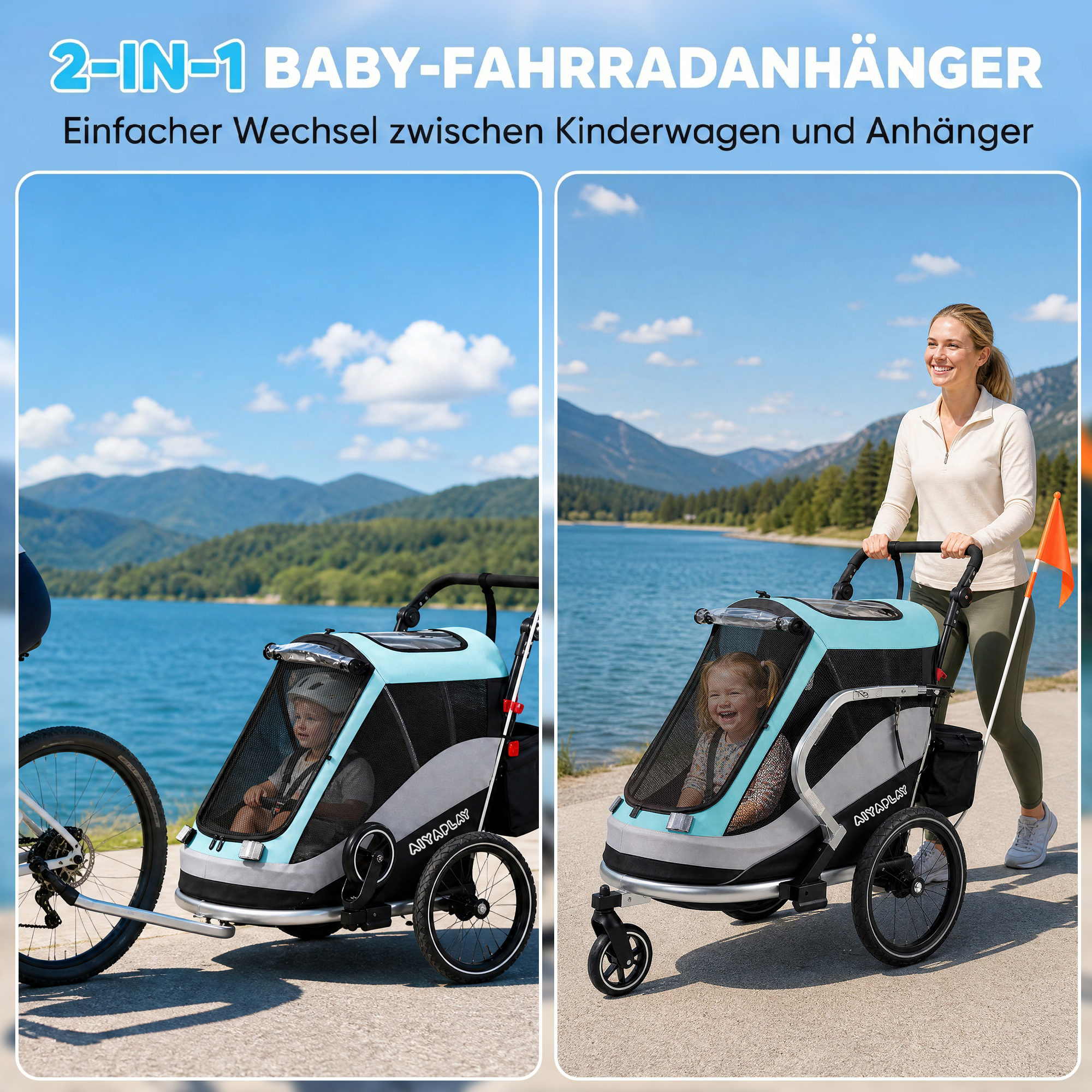 2 in 1 Fahrradanhänger & Buggy Faltbar Kinderfahrradanhänger mit 5-Punkt Gurt Reflektoren 16-Zoll-Luftreifen Bremse