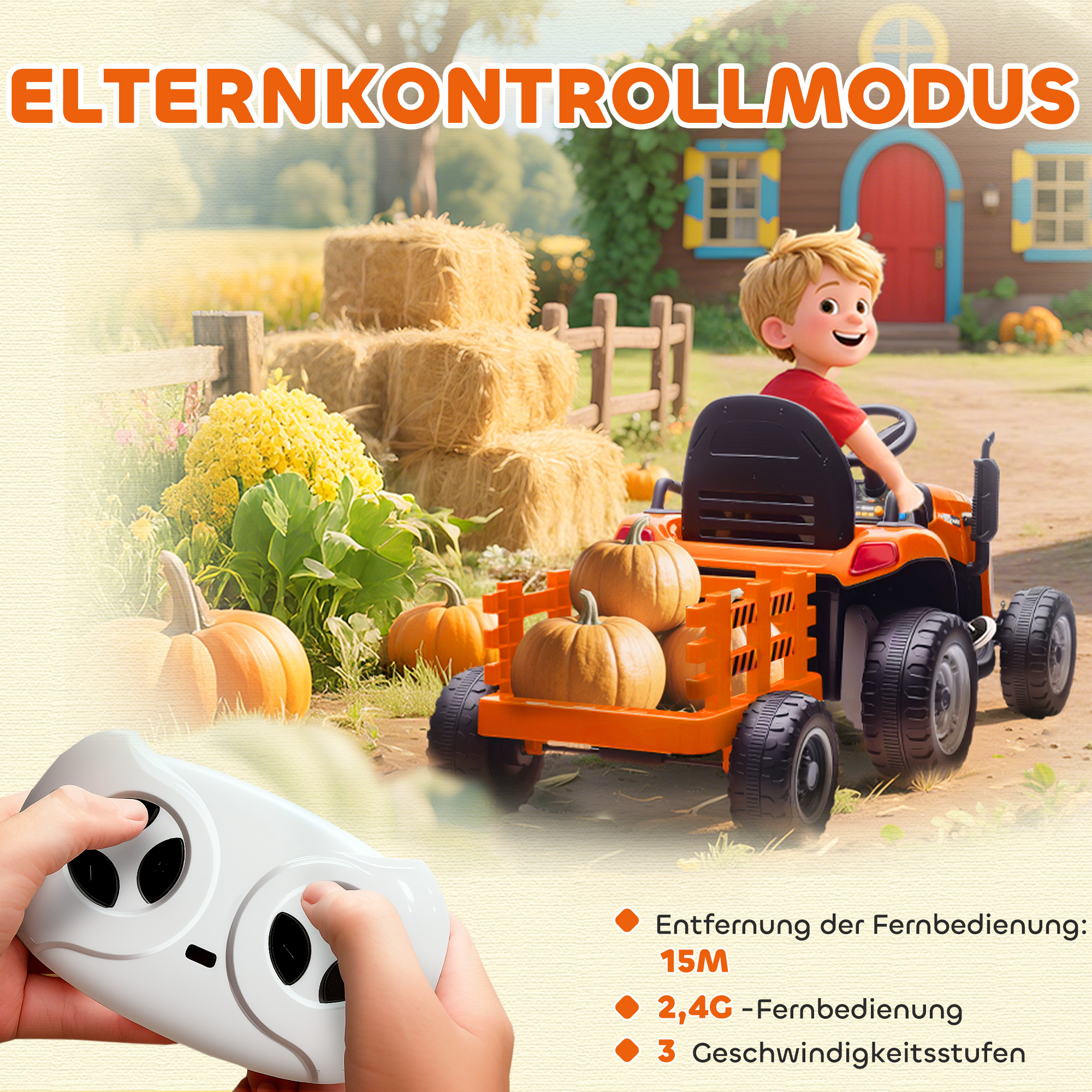 Elektrischer Kindertraktor, Aufsitz-Traktor mit Fernbedienung, Soft-Start, für Kinder im Alter von 3-8 Jahren, Orange