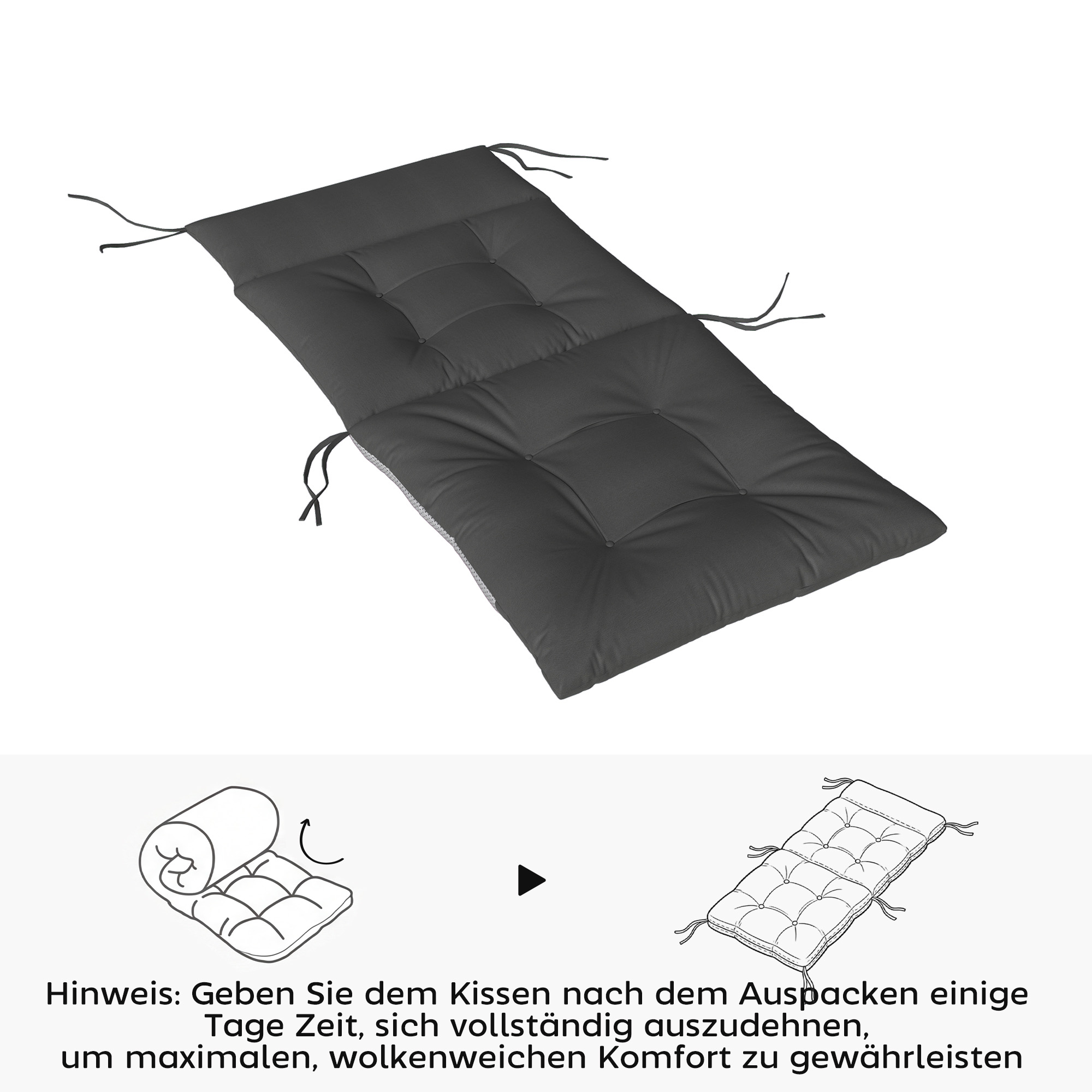 4er Set Sitzkissen wasserabweisend rutschfest Stuhlkissen mit Bändern, Indoor Outdoor 111,5 x 53 x 8 cm Dunkelgrau