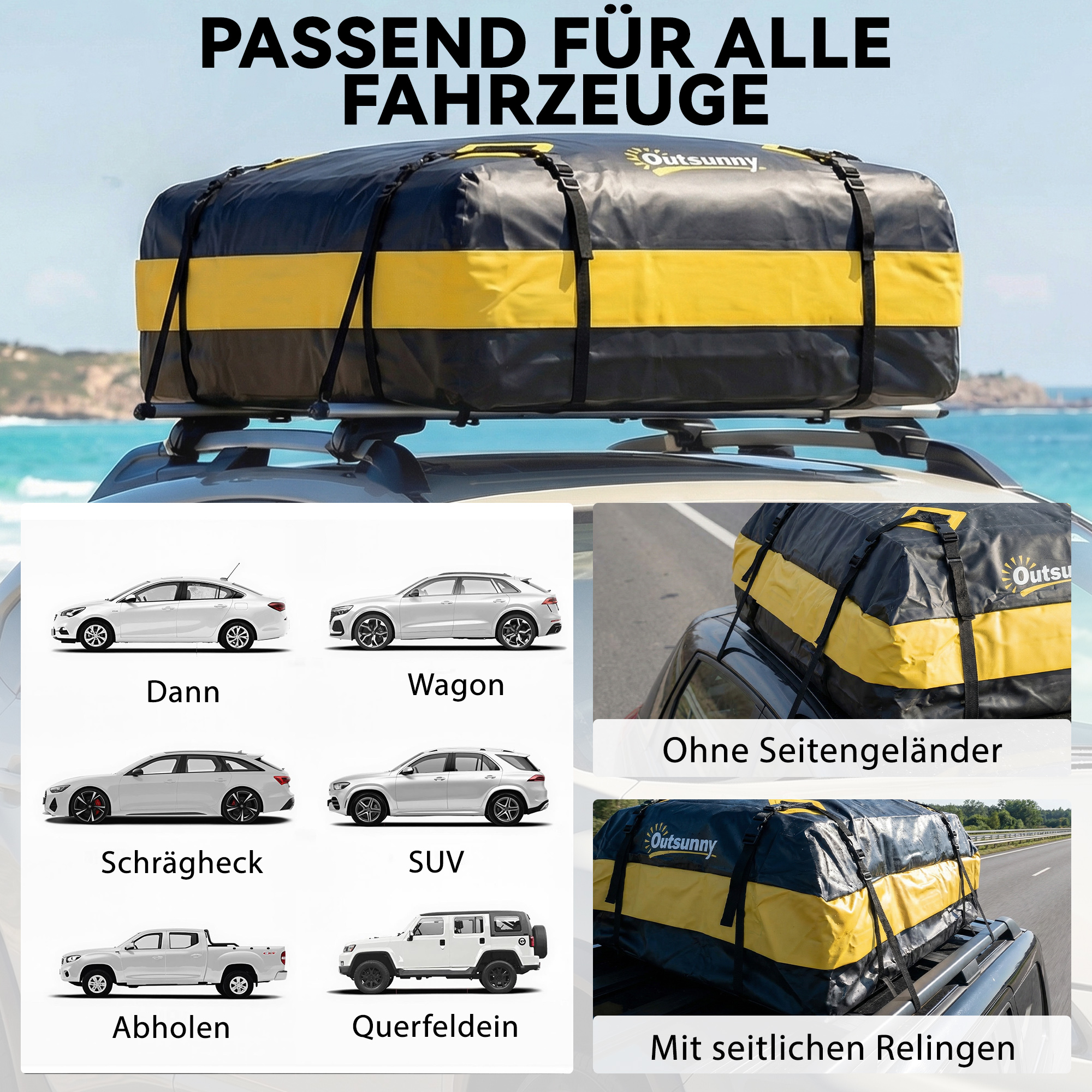 wasserdichte Dachbox Auto 425L für Fahrzeugdächer mit/ohne Gepäckträger Gepäckbox mit 8 Verstärkte Gurte Türhaken Gelb