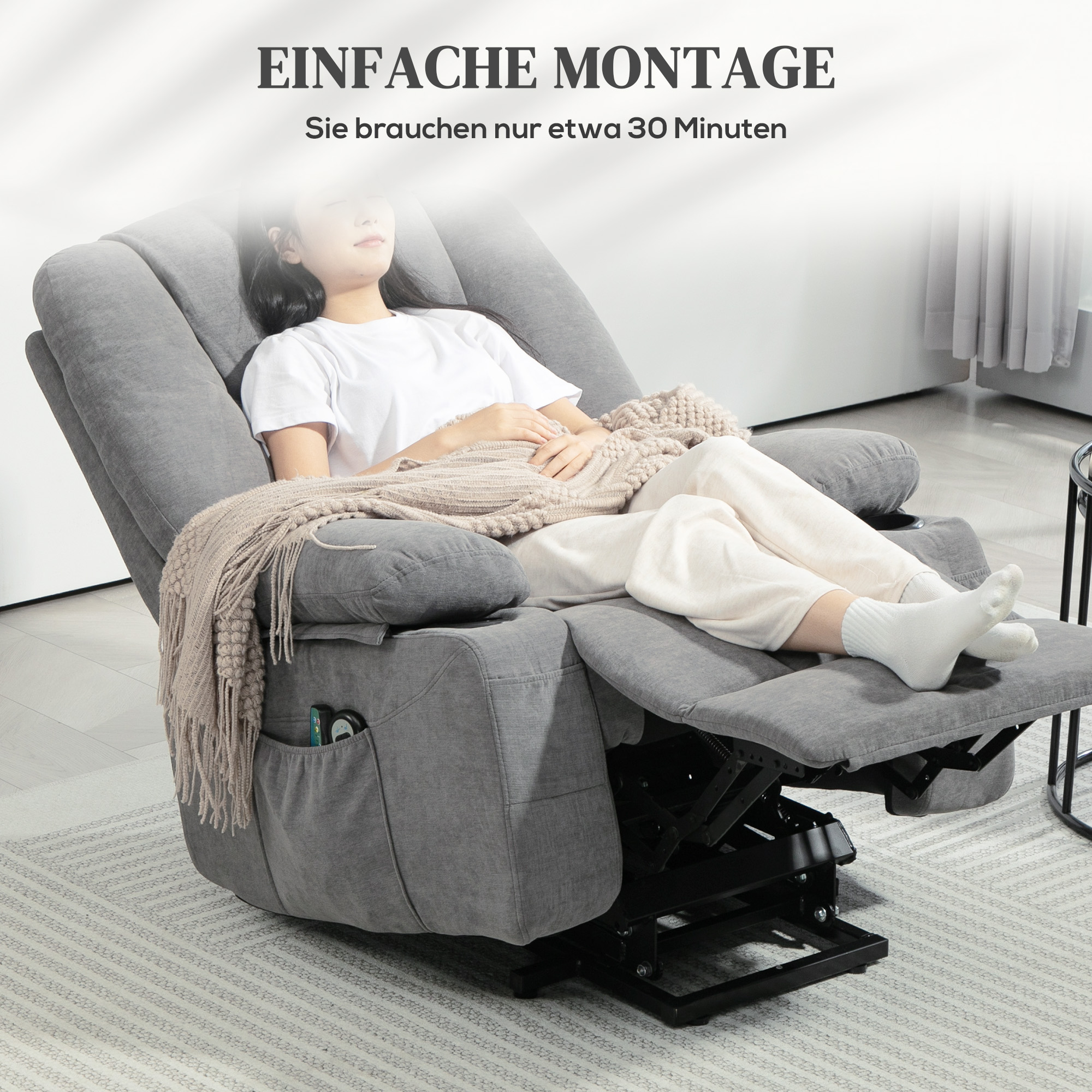 Relaxsessel mit Aufstehhilfe, Massagesessel mit Wärmefunktionen, 2 Fernbedienungen, weicher Schaumstoff