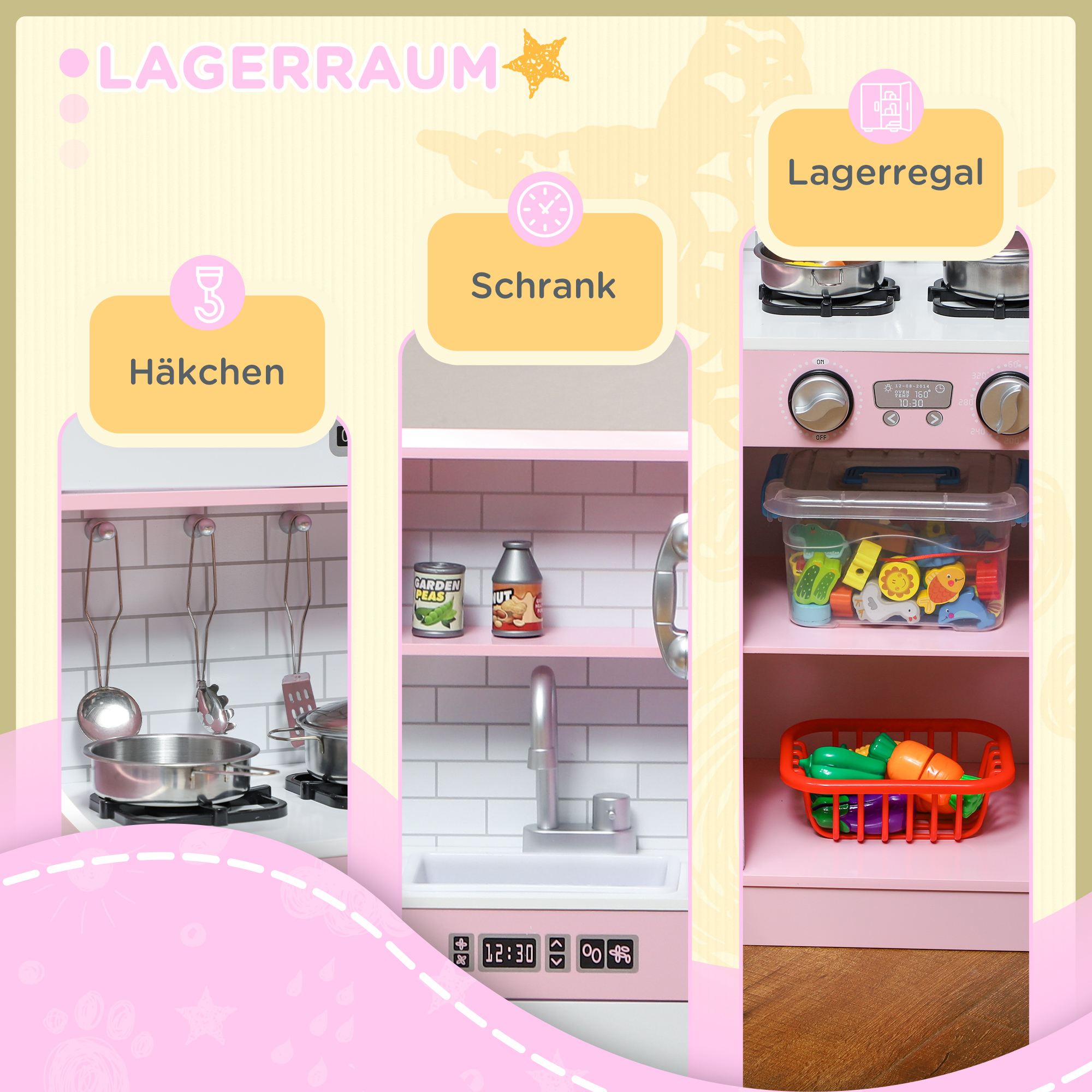 Spielküchen-Set mit Töpfen, Tafel, Telefon, Eismaschine, Herd, 83,8 x 26,8 x 81 cm, Pink