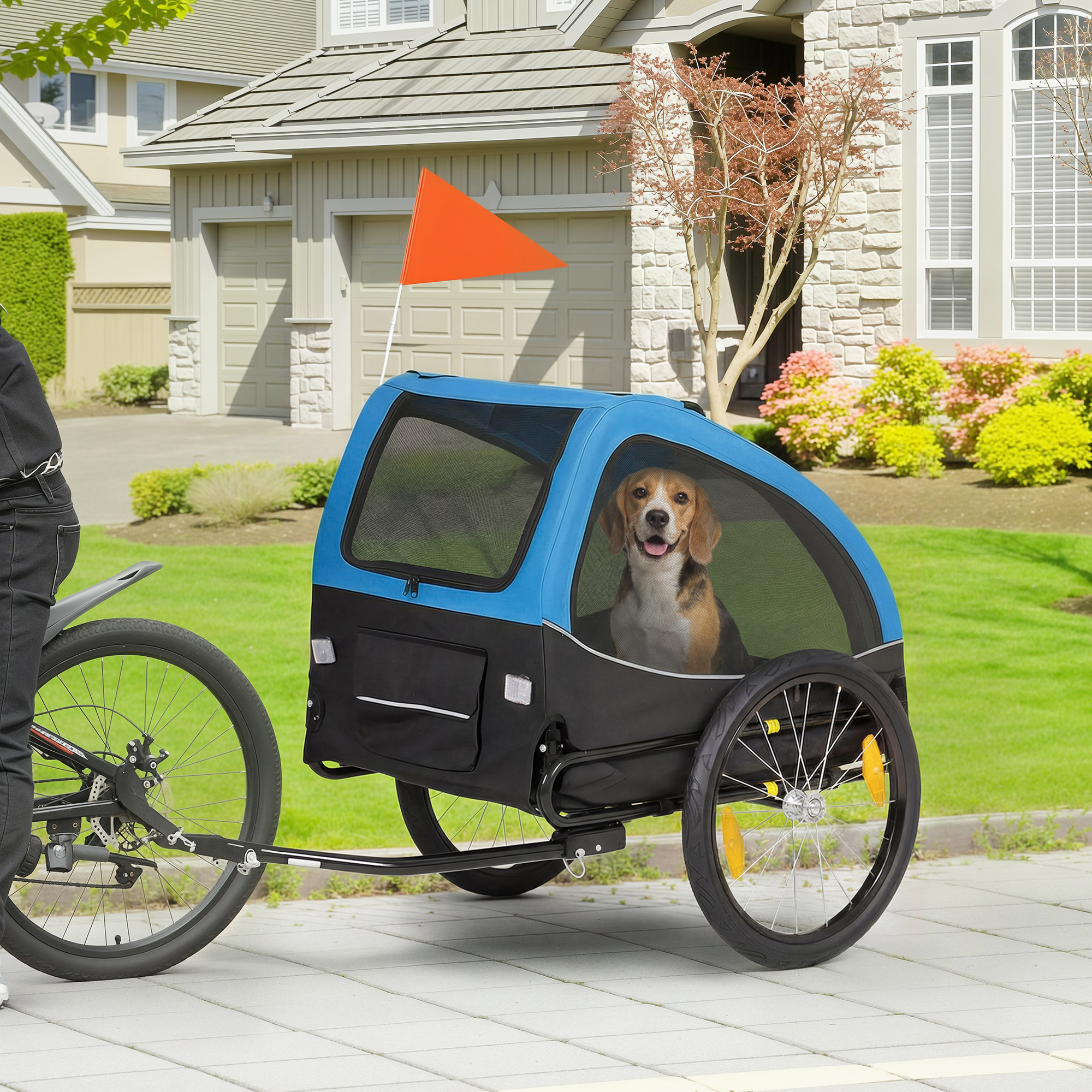 Hundeanhänger Faltbar mit Reflektoren Mesh-Fenster Rädern Tür Sicherheitsflagge für Hunde bis 20 kg 138x70x89 cm Blau
