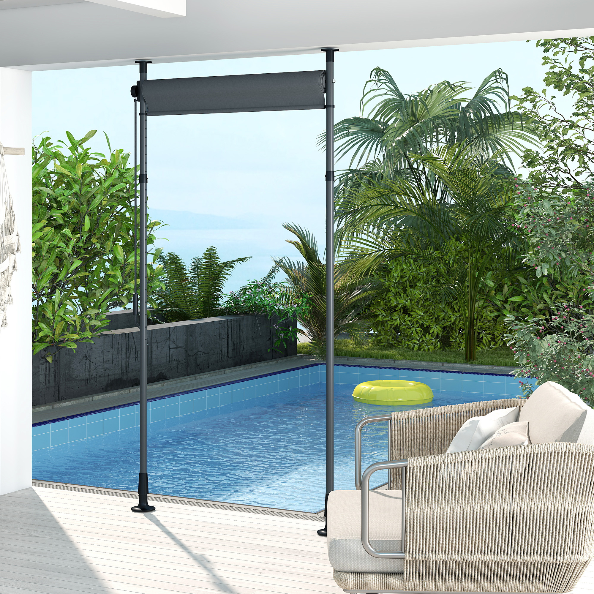 Freistehende Markise, verstellbare Länge, Montage ohne Bohren, Aluminiumrahmen, 1,5 x 2,2-3,1 m, Dunkelgrau
