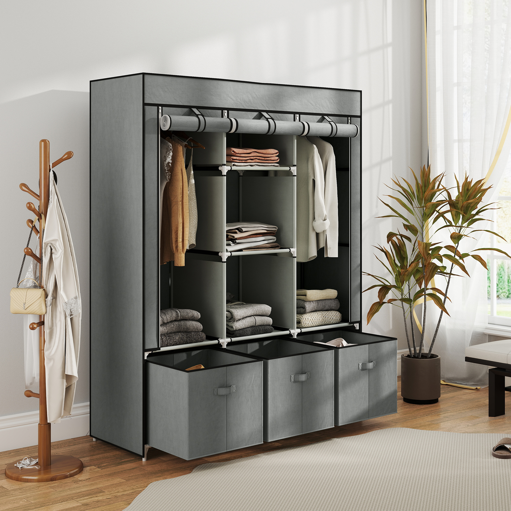 Stoffschrank aus Vlies, Faltschrank, inkl. 3 Schubladen, 125 cm x 43 cm x 162,5 cm, Hellgrau