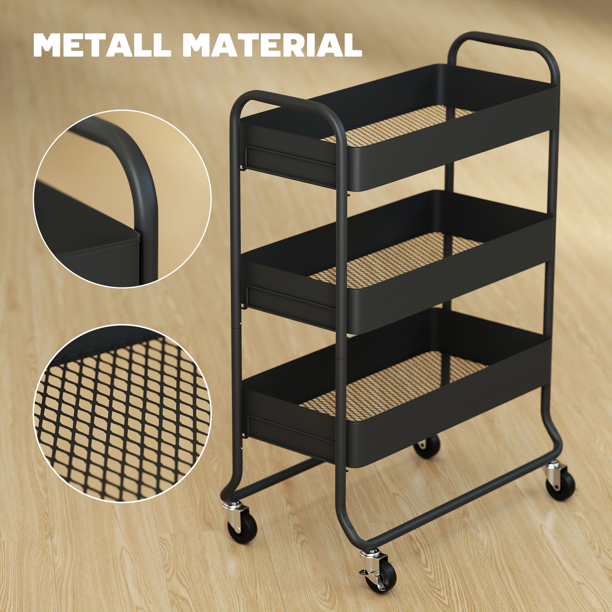 Küchenwagen, 3 Körbe, 4 Rollen, Metall, Schwarz