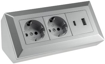 2-fach Steckdosenblock, USB-A+C, silber / 250V~/ 16A, Aufbaumontage, USB 3,1A, PD