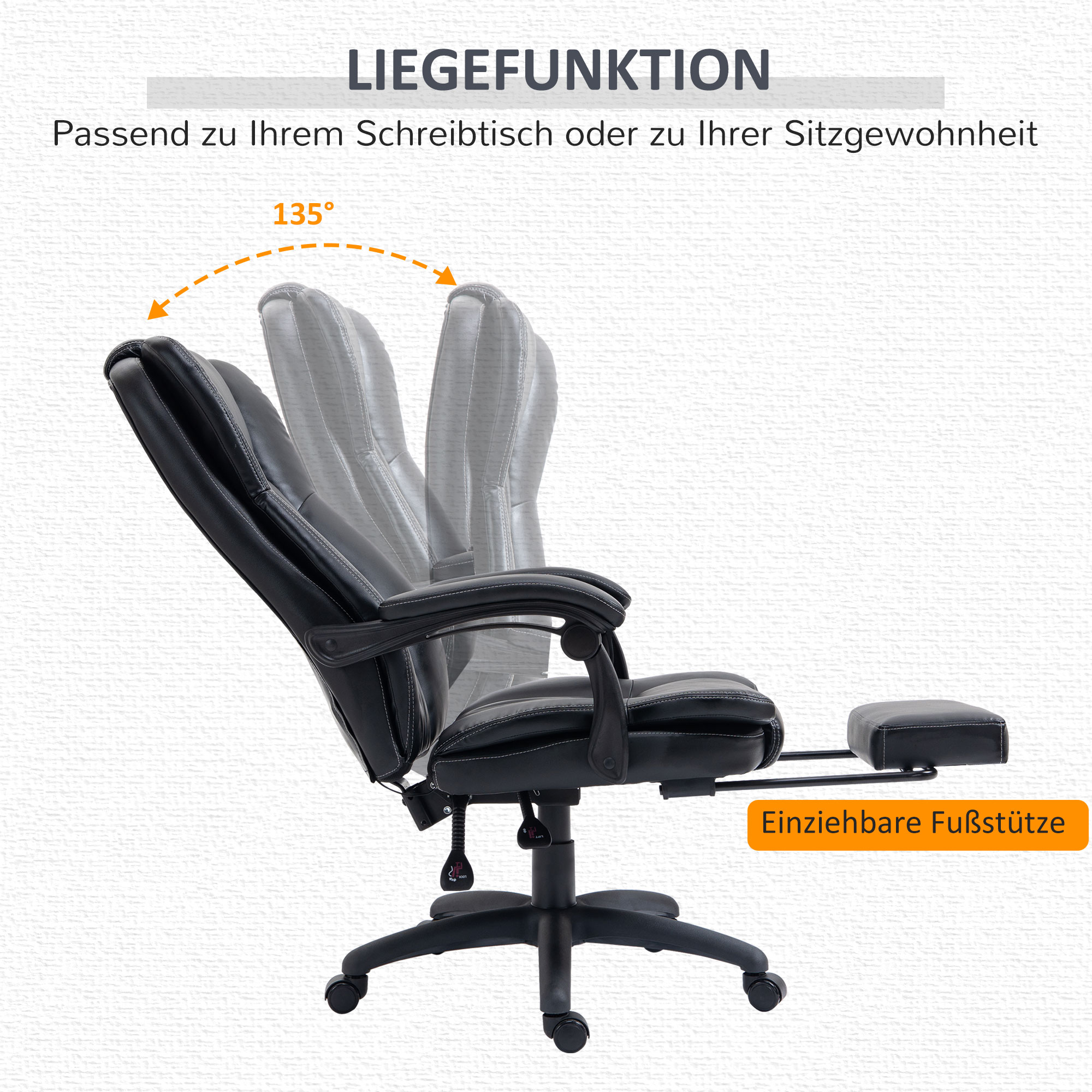 Drehstuhl mit Fußstütze, Kopfstütze, Massagefunktion, Kunstleder, 68,5x68,5x113-121cm, Schwarz