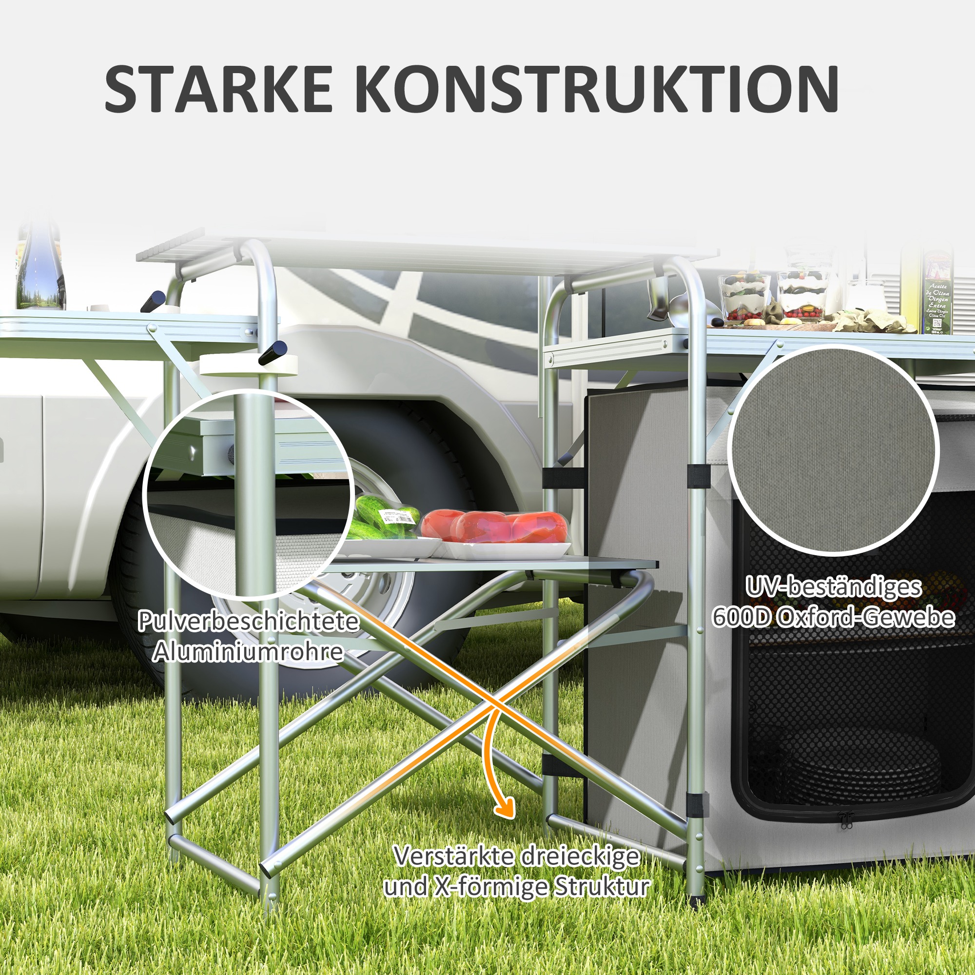 Campingküche, faltbar, 3 Arbeitsplatten, Windschutz, Stoffschrank, 144x48x119cm, Silber