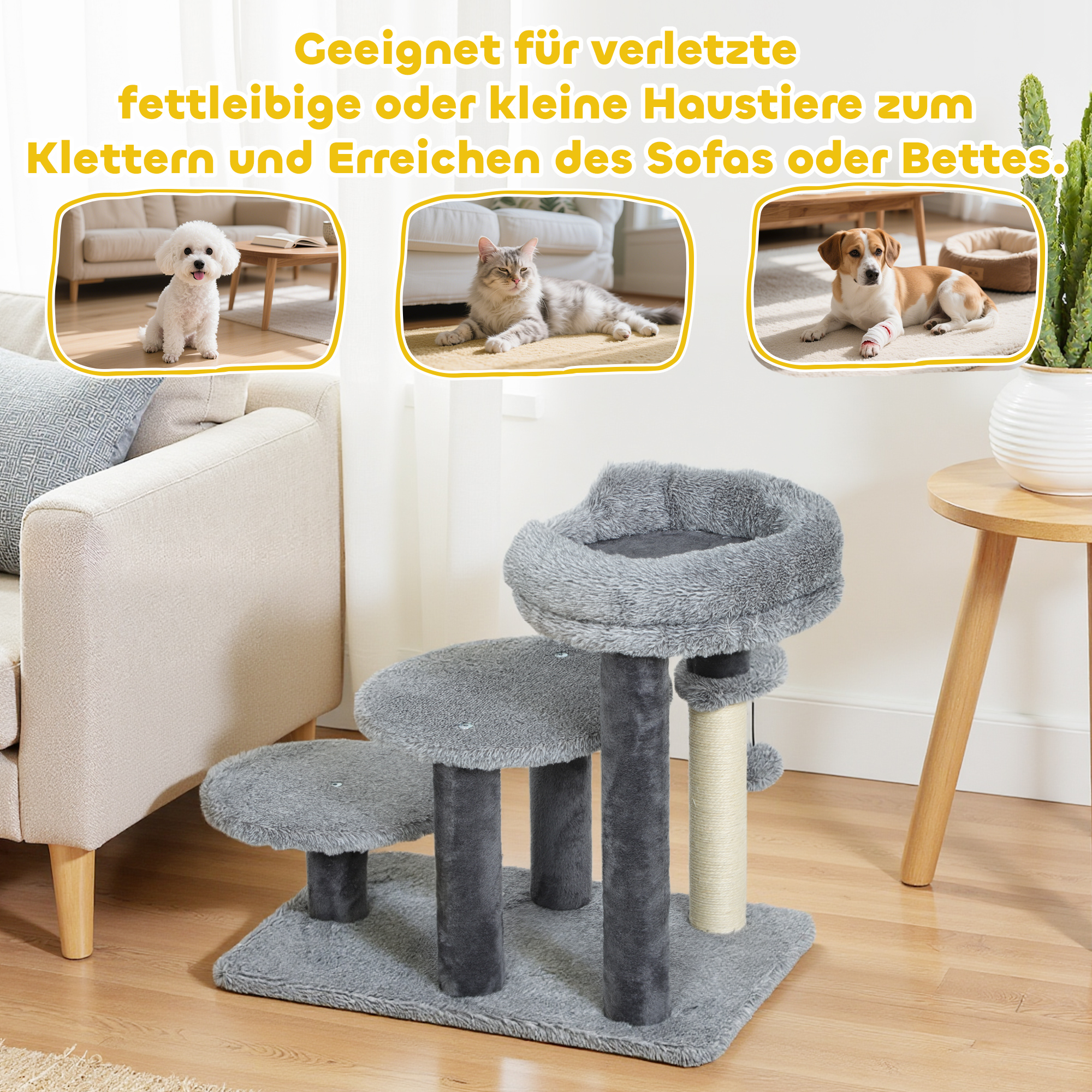 Kratzbaum und Katzentreppe, breite Basis, Plüschstoff, Sisalkratzsäule, Grau