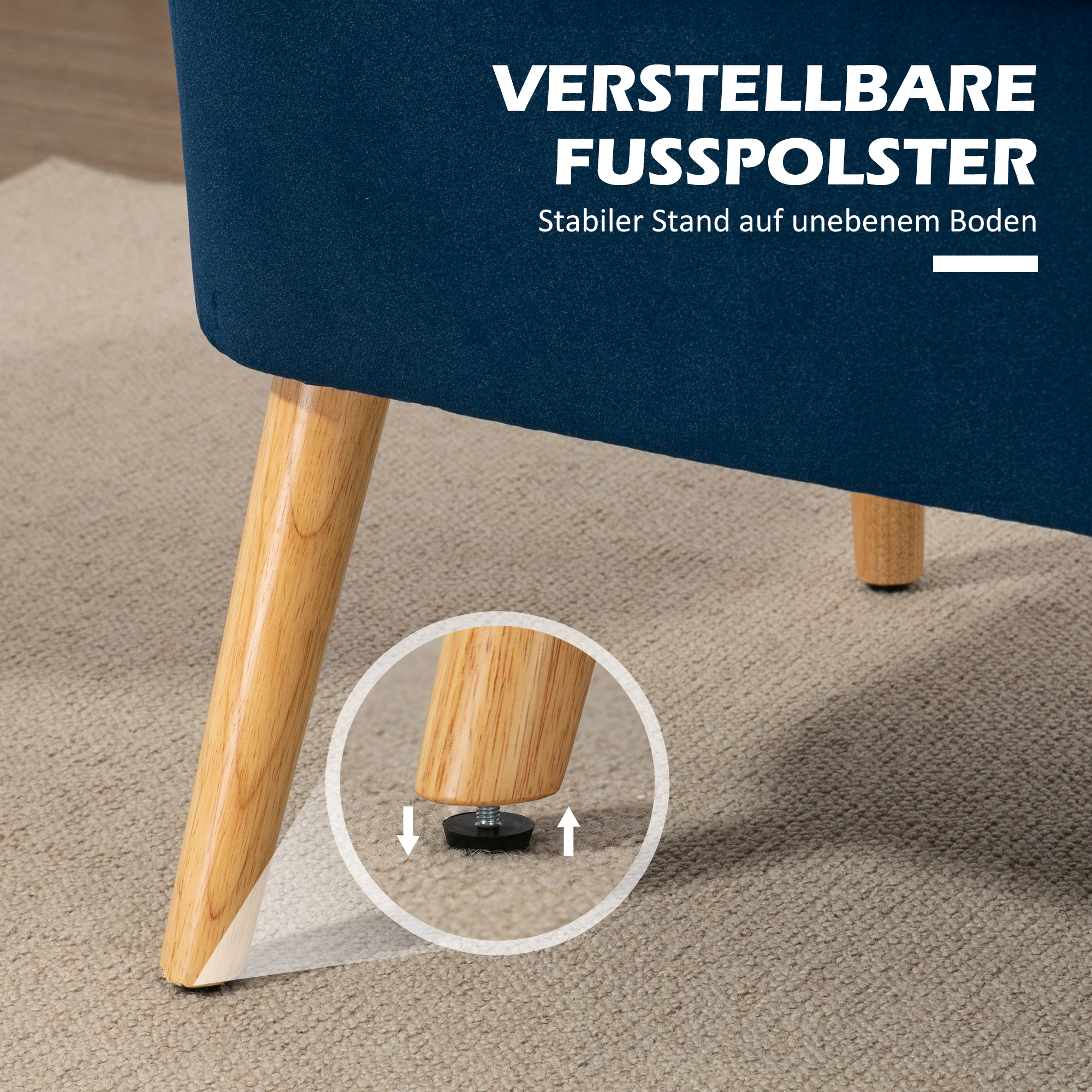 Sofa Retrodesign 2-Sitzer-Sofa, Holzbeine, 117 cm x 56,5 cm x 77 cm, Blau