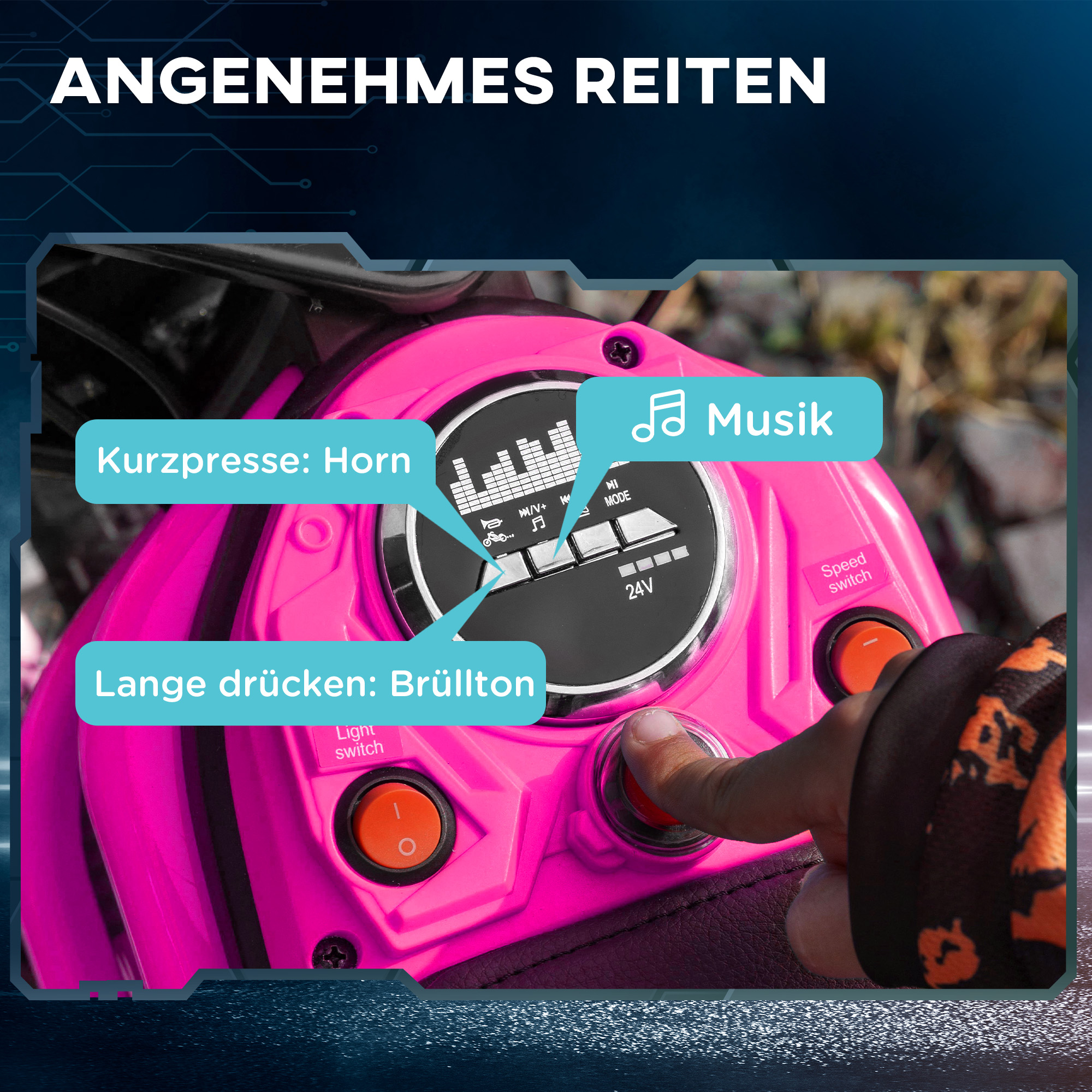 Elektro-Motorrad für Kinder, 24V Kindermotorrad mit Hupe, Leuchte, mit Drehgriff-Gashebel, 8-16 km/h, 8-12 Jahre, Rosa