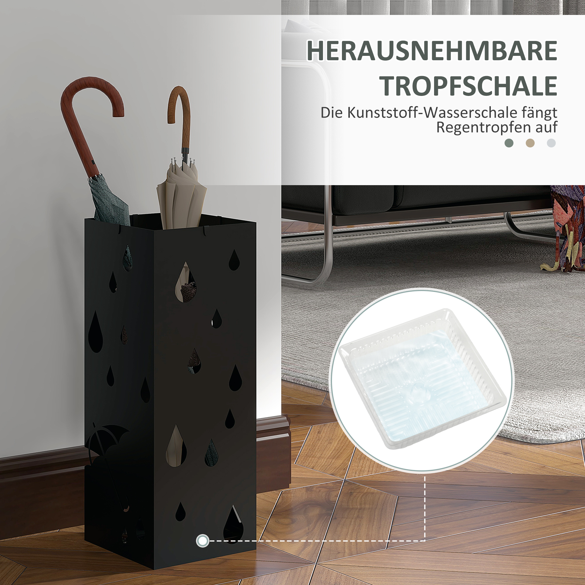 Schirmständer, 4 Haken, Tropfschale, Stahl, Schwarz