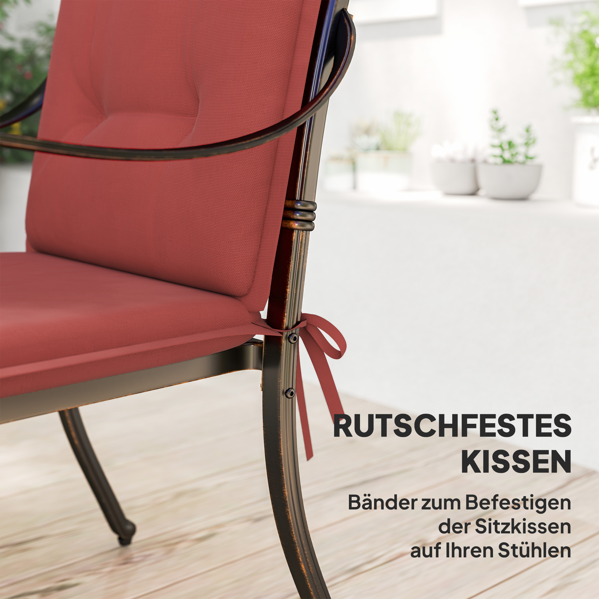 4er Set Sitzkissen 108 x 50 x 5 cm Stuhlkissen mit Bändern, Outdoor Indoor Sitzauflage Weinrot