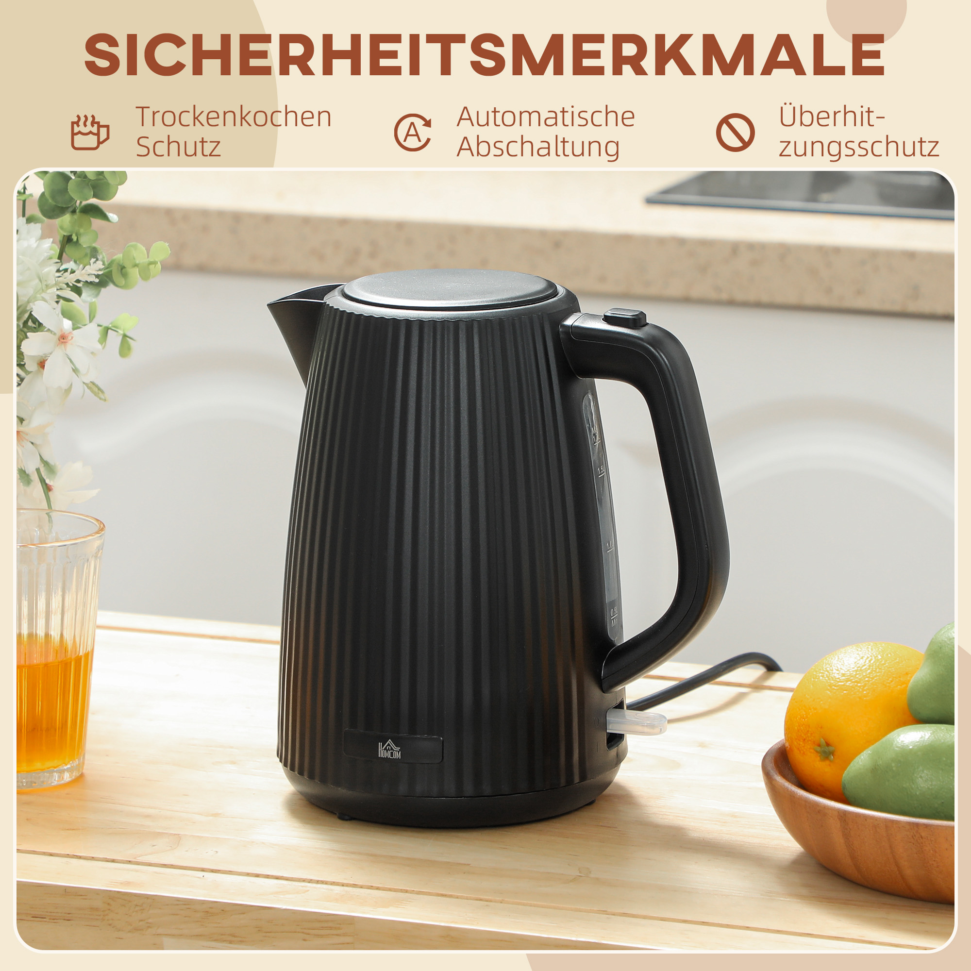 Wasserkocher, 1,7L, Schnellkochfunktion, 2200W, mit herausnehmbarem Kalkfilter, Abschaltautomatik, Schwarz
