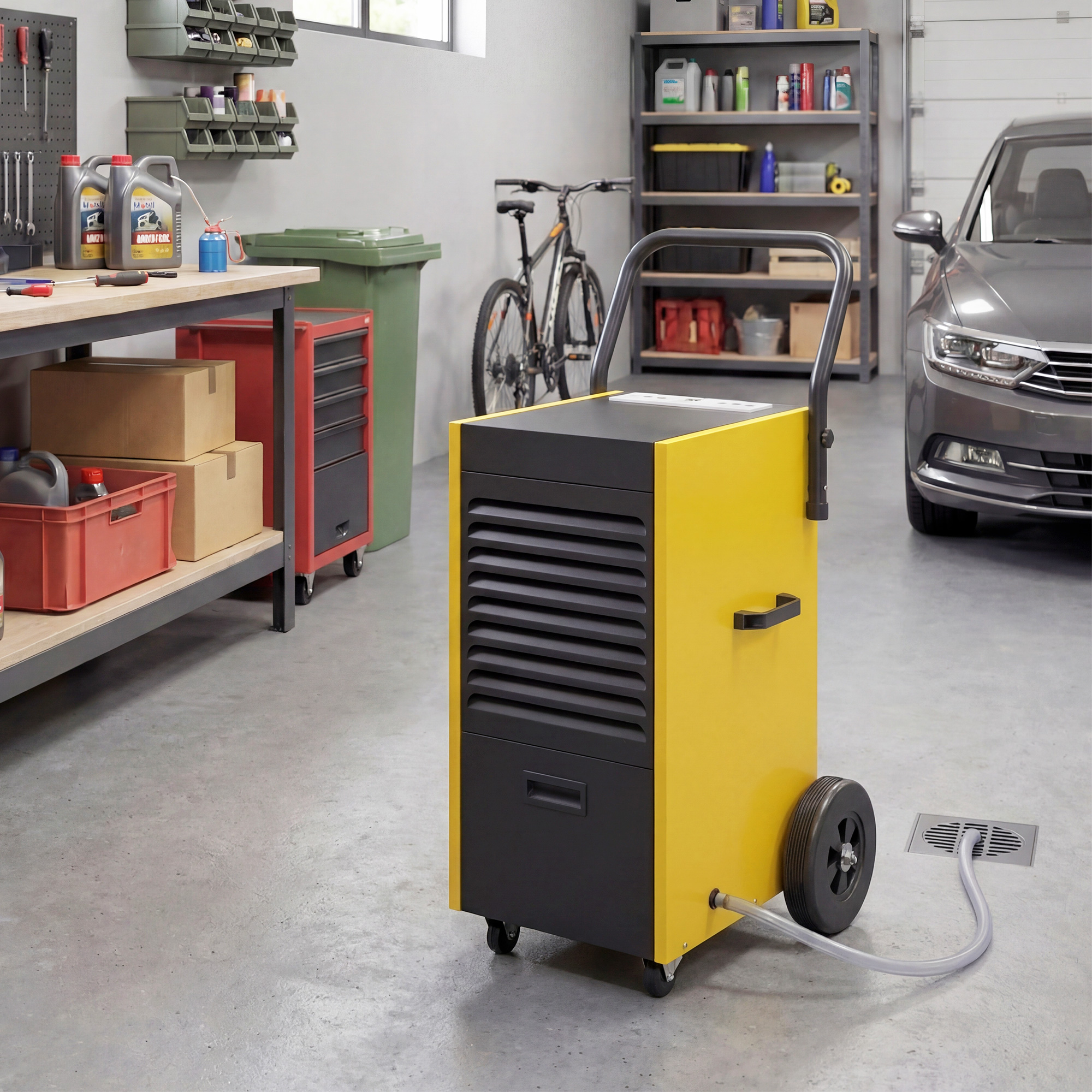 Gewerbe-Luftentfeuchter 70L/Tag mit Rädern und Griff, kontinuierlicher Ablaufschlauch, 24-Stunden-Timer, 5,5L Tank, Gelb