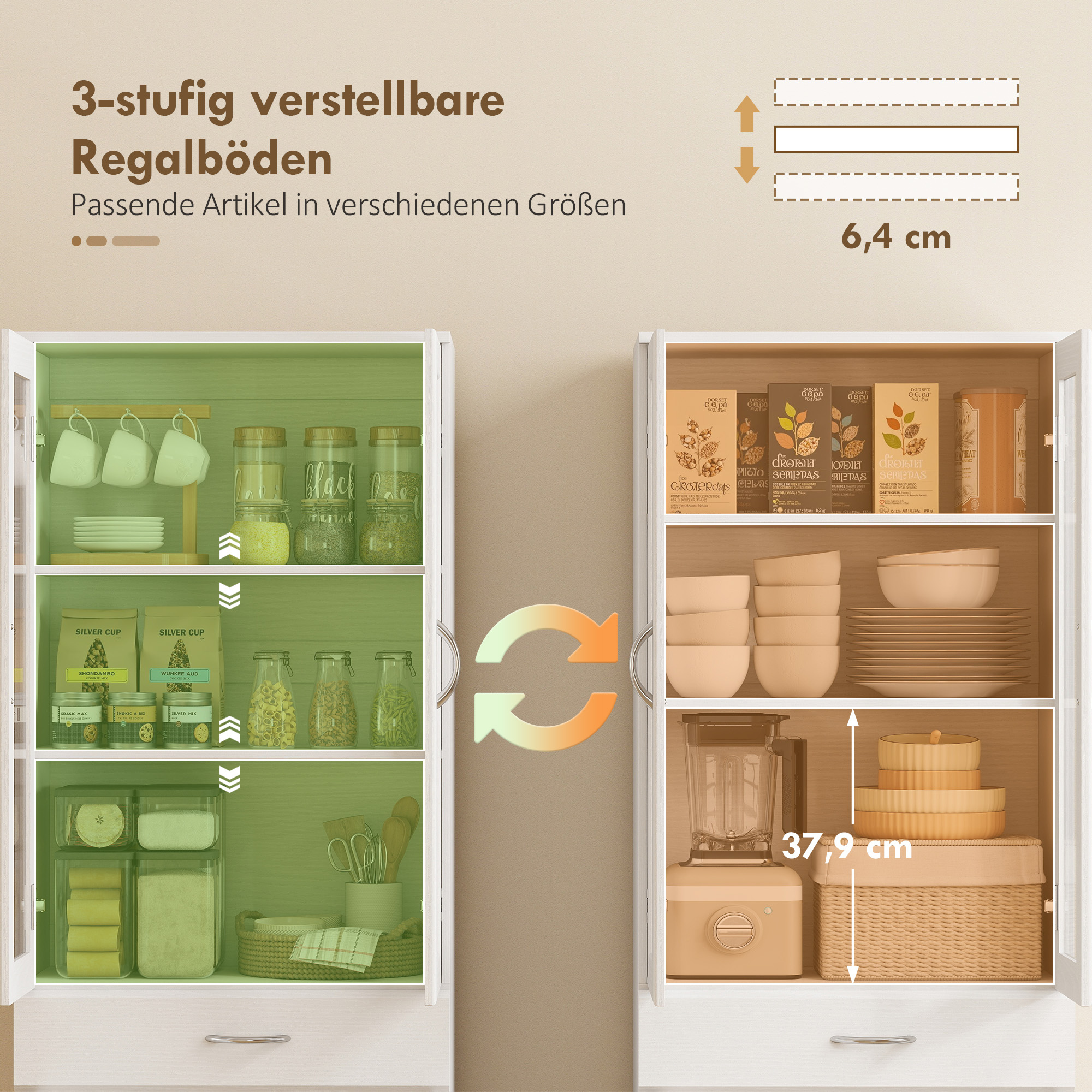 Küchenschrank Buffetschrank mit verstellbar Regal Schublade 2 Schrank Hochschrank mit Glastür 60 x 35 x 180 cm Weiß